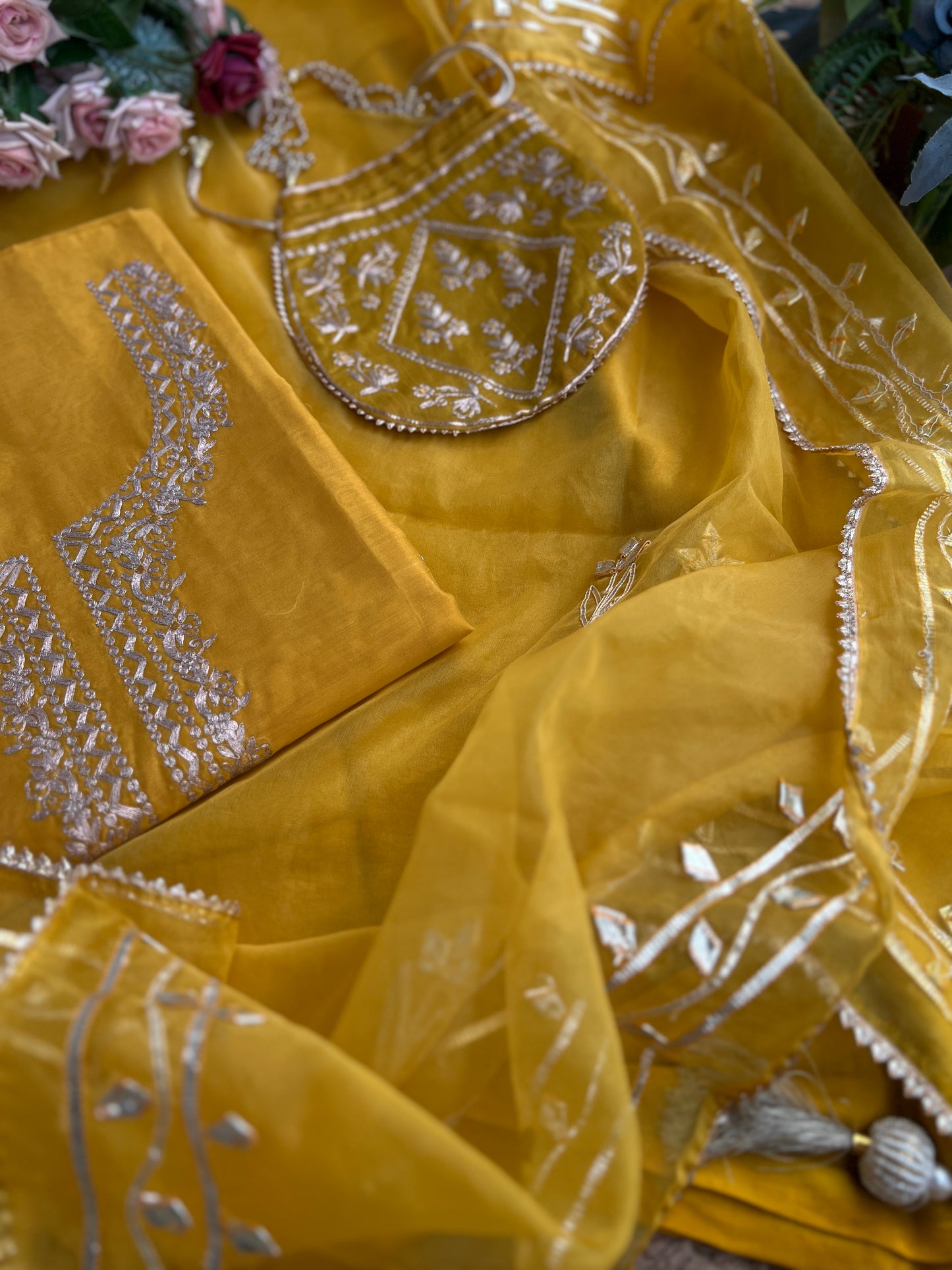 Yellow Chanderi suit with Pitta Work & Gotapatti Organza Dupatta