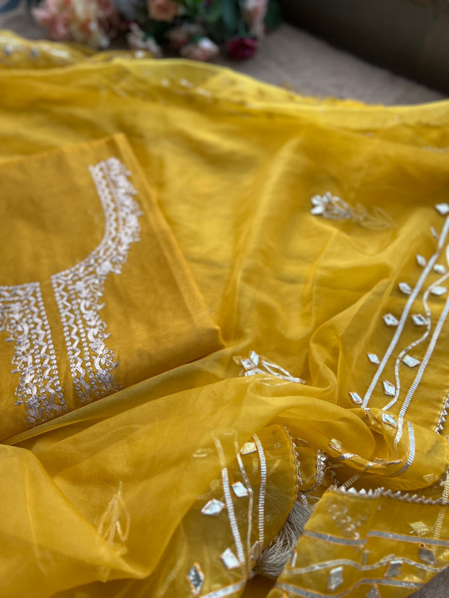 Yellow Chanderi suit with Pitta Work & Gotapatti Organza Dupatta