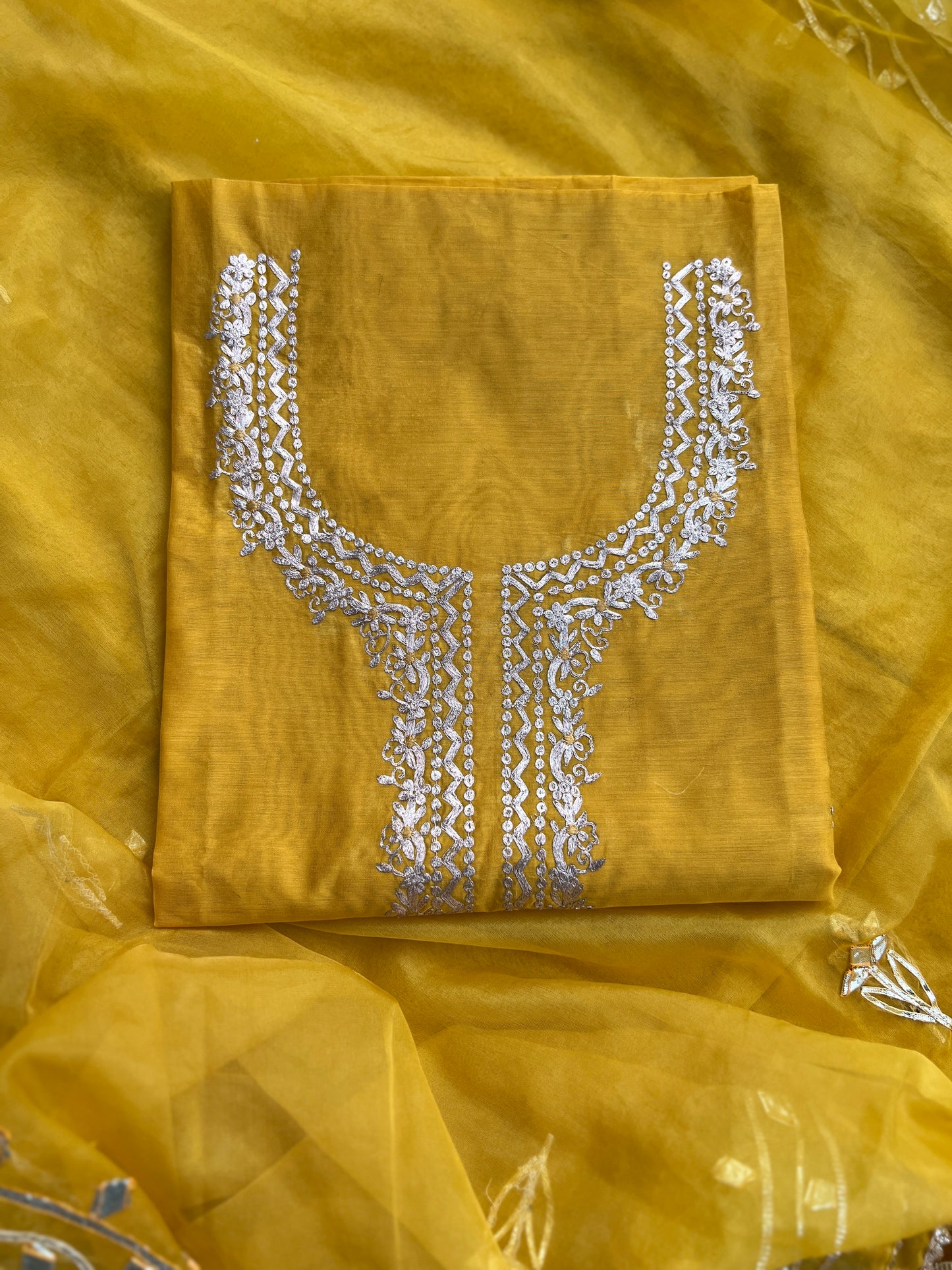 Yellow Chanderi suit with Pitta Work & Gotapatti Organza Dupatta