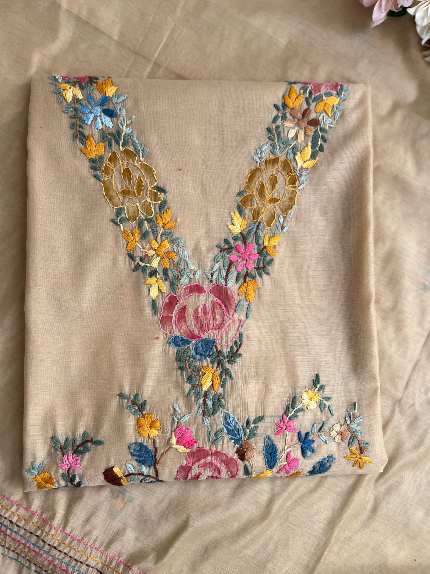 Beige Hand-Embroidered & Brush-Painted Blooms