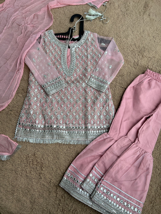 Blush Pink Mirror-Work Kurta Sharara Set
