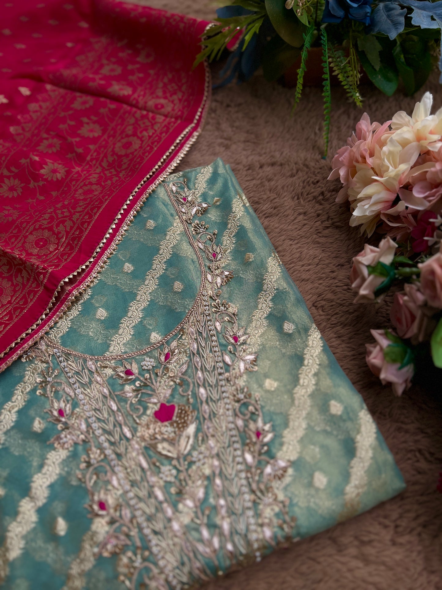 Teal Chanderi Silk Suit with Zari Weave, Hand Embroidery & Rani Banarasi Dupatta