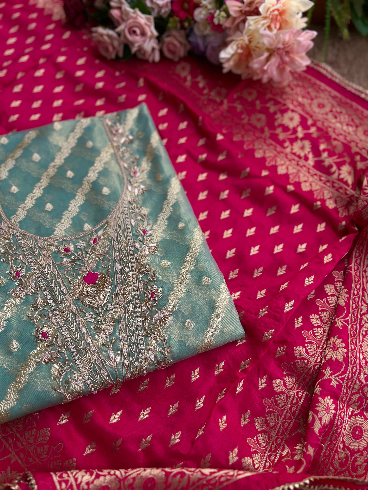 Teal Chanderi Silk Suit with Zari Weave, Hand Embroidery & Rani Banarasi Dupatta