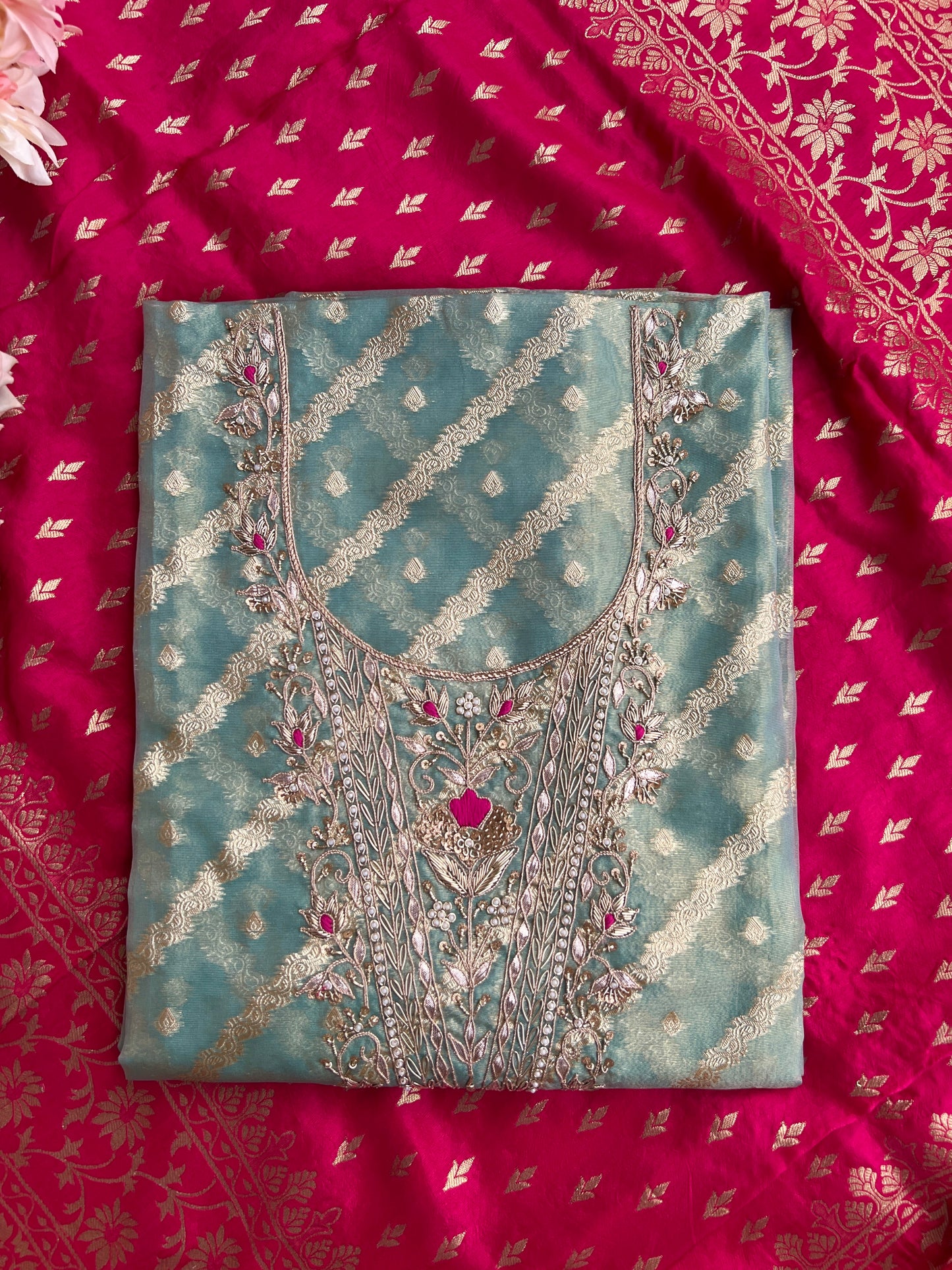 Teal Chanderi Silk Suit with Zari Weave, Hand Embroidery & Rani Banarasi Dupatta