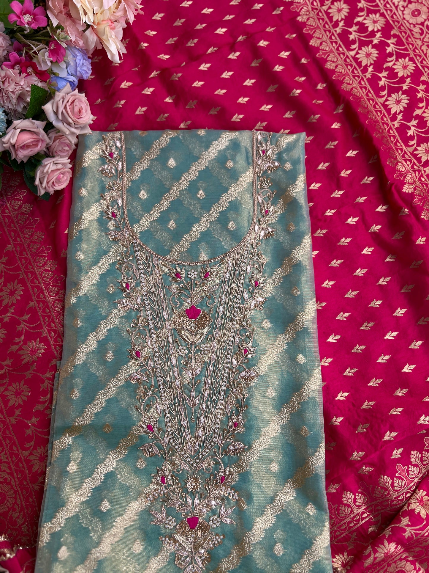 Teal Chanderi Silk Suit with Zari Weave, Hand Embroidery & Rani Banarasi Dupatta