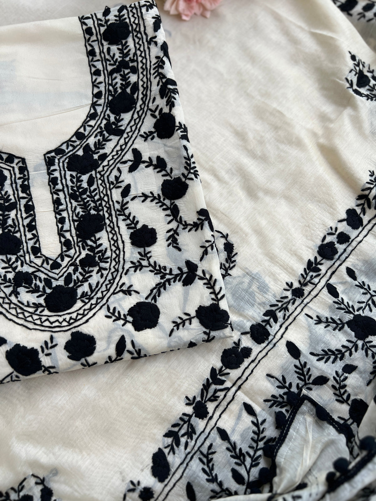 Ivory Black Mal Chanderi Hand Embroidered Suit Set