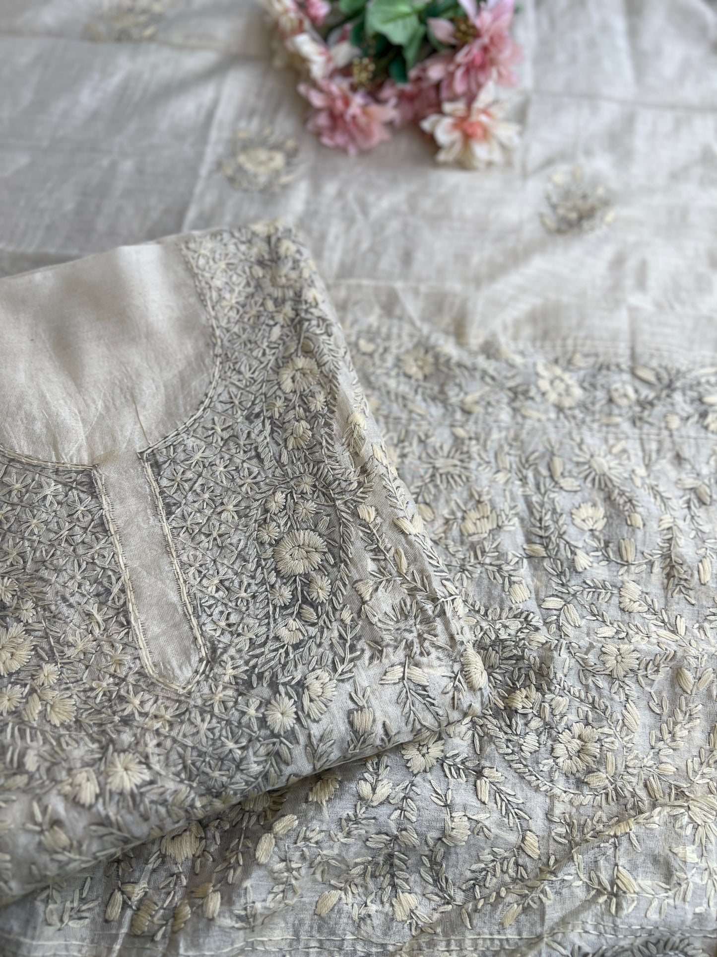 Ivory Tone To Tone Mal Chanderi Embroidered Suit Set
