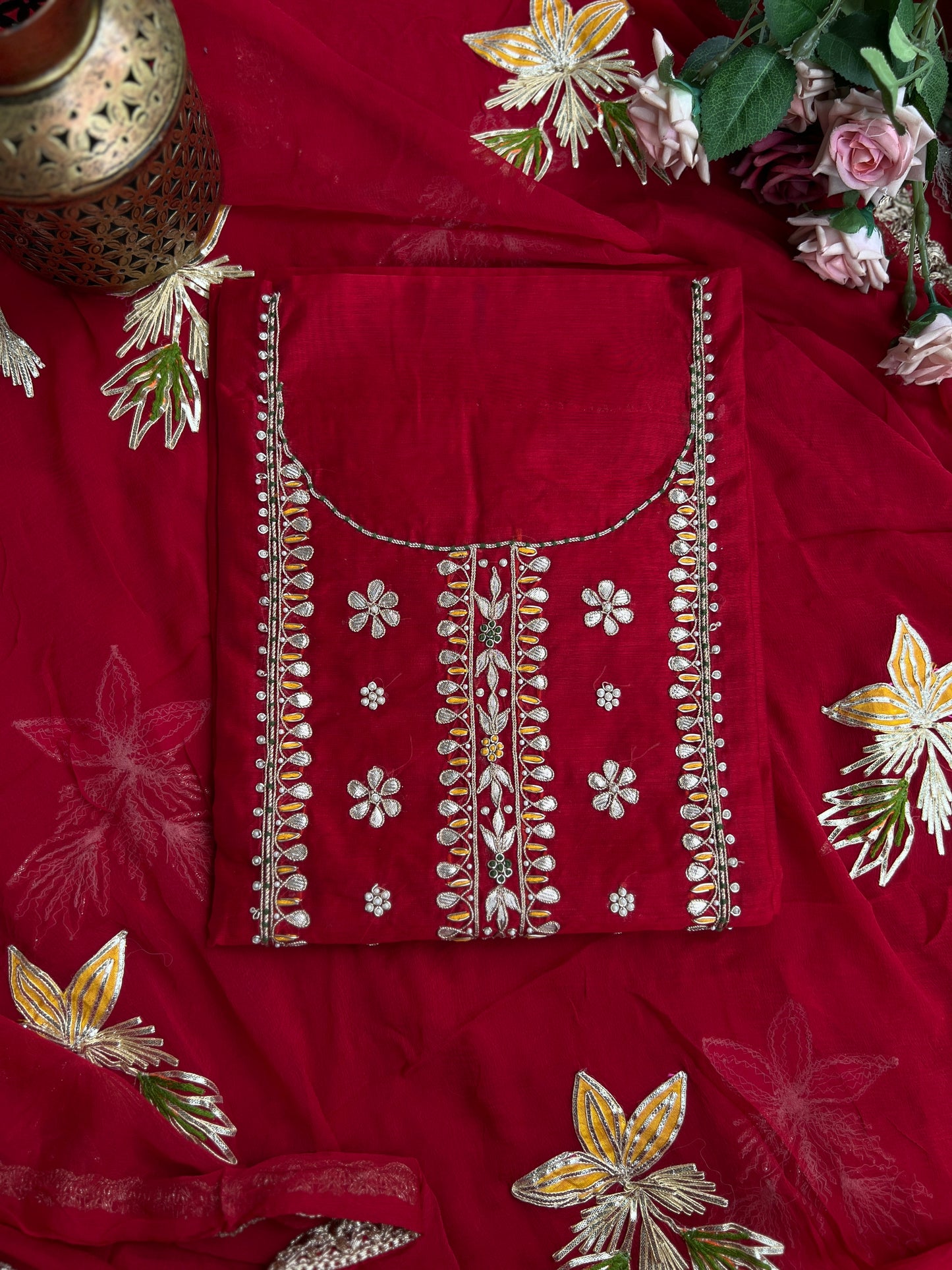 Red Chanderi Gotaphool with Potli