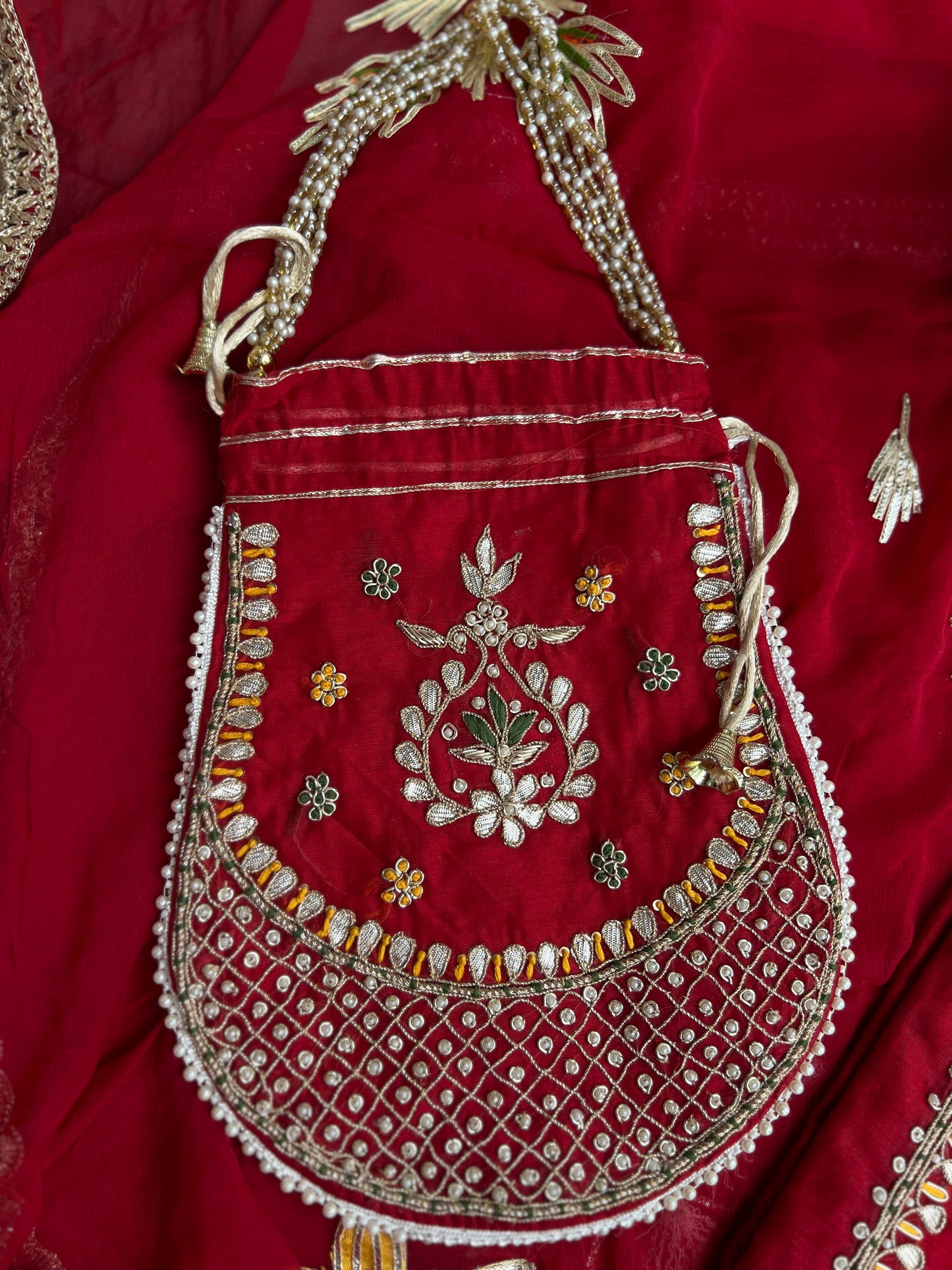 Red Chanderi Gotaphool with Potli