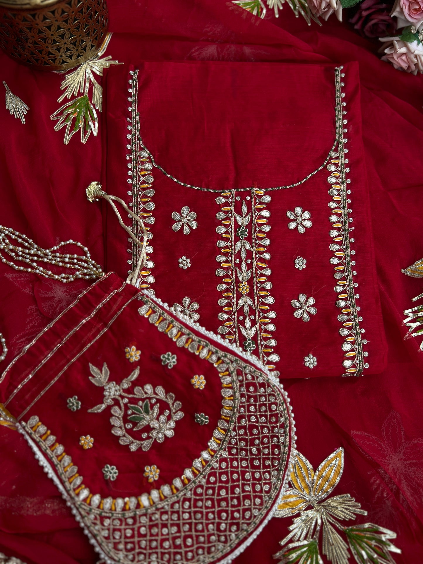 Red Chanderi Gotaphool with Potli