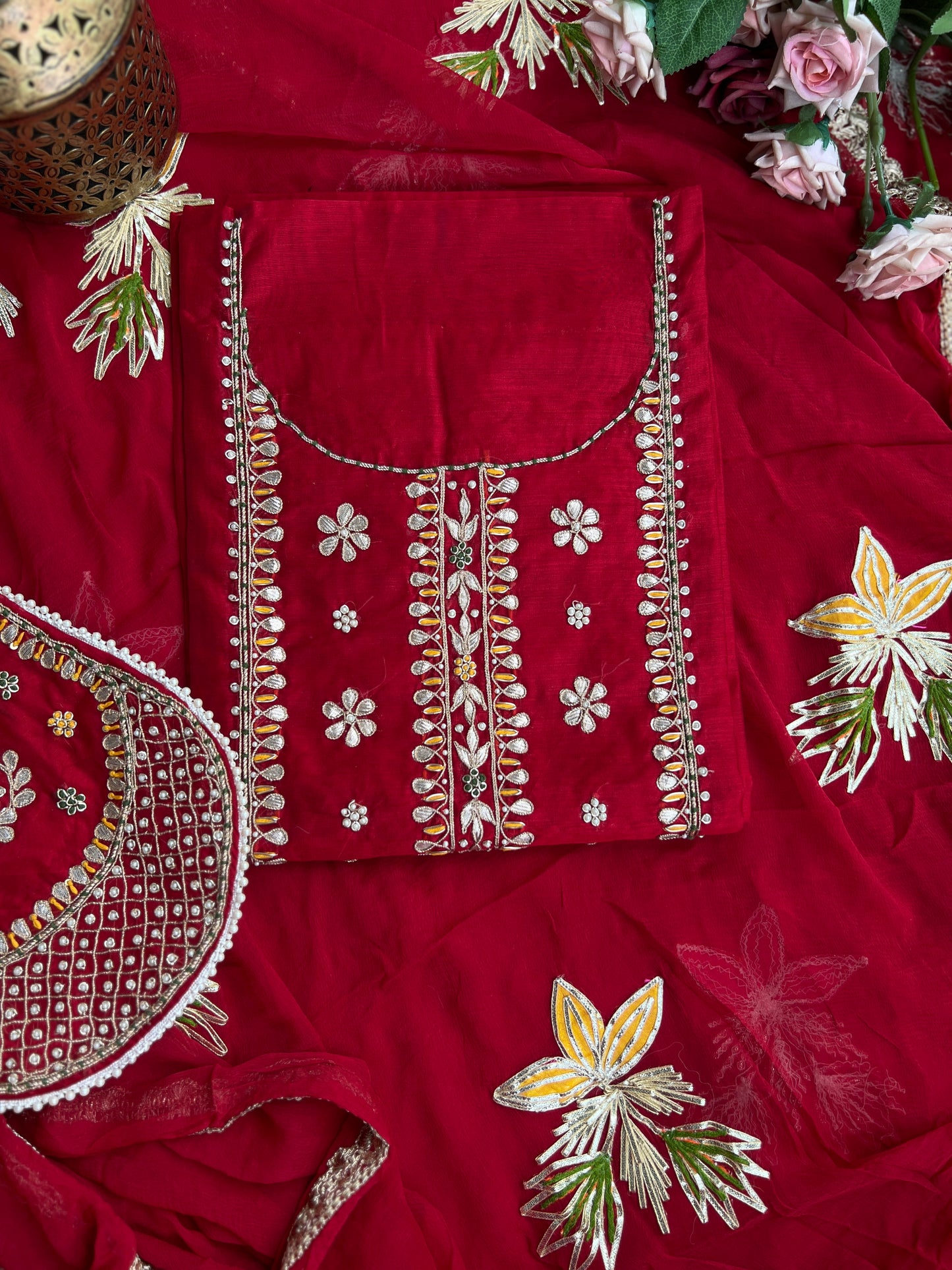 Red Chanderi Gotaphool with Potli