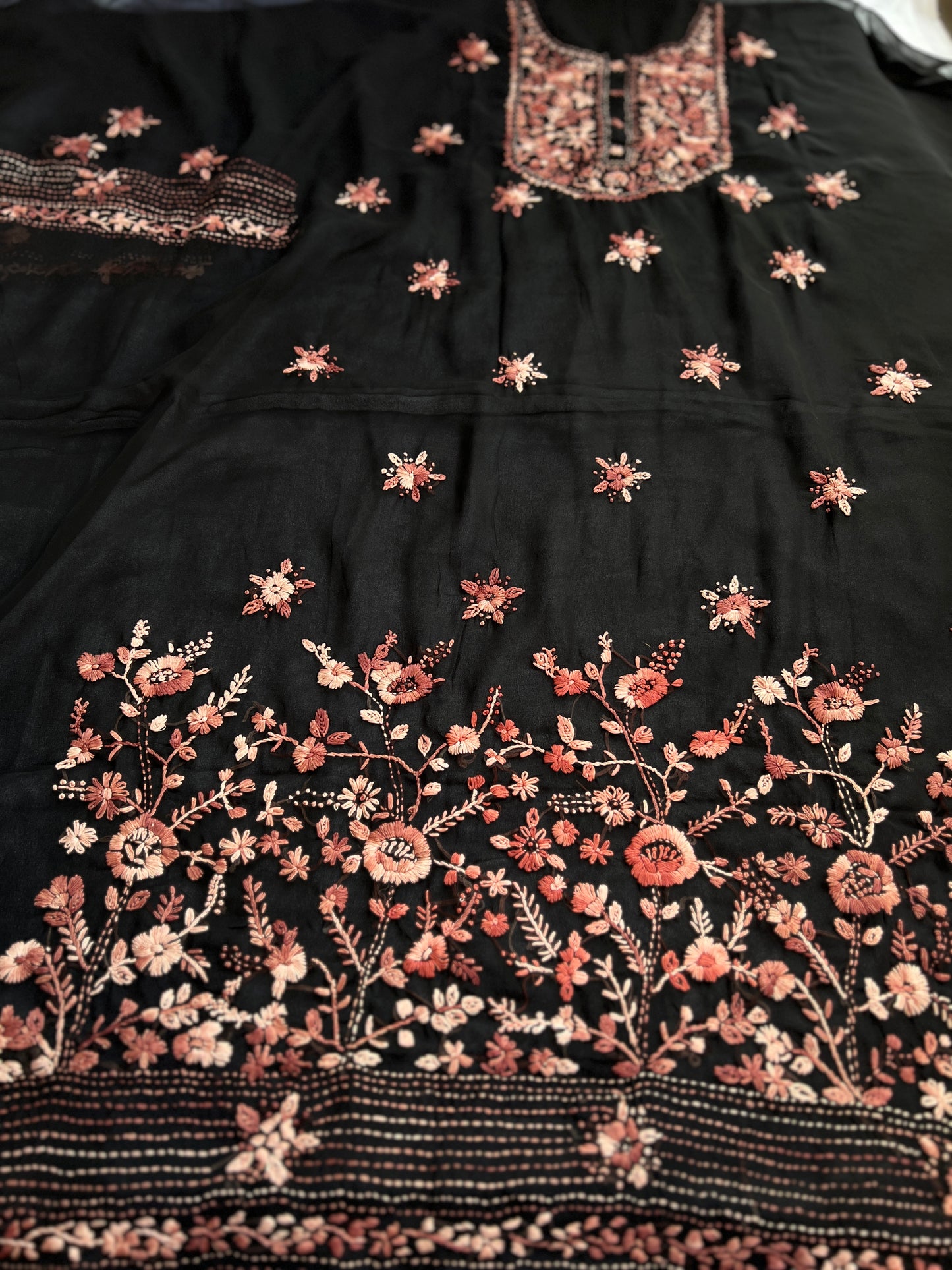 Midnight Black Bullion-Stitch Embroidered Georgette Suit Set