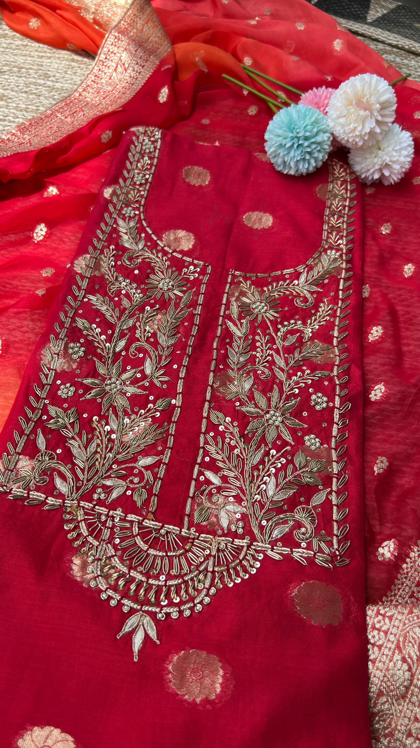 Fire Brick Red with dual Tone Dupatta
