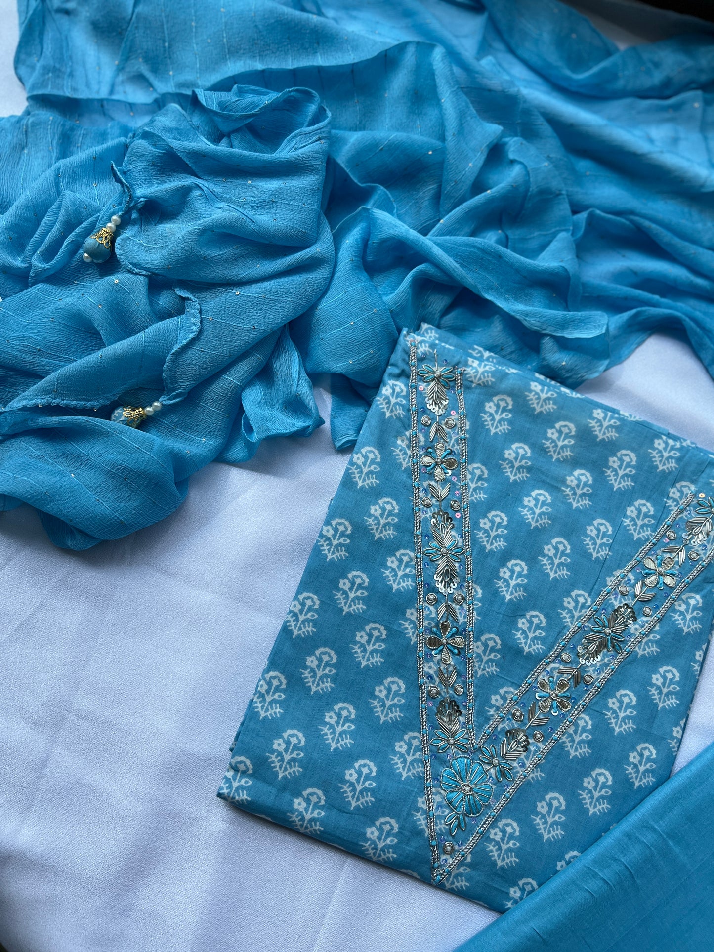 Sky Blue Cotton Suit with Delicate Hand Embroidery & Tassel Dupatta