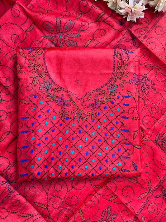 Crimson Bloom Kathiyawadi Hand-Embroidered Suit Set