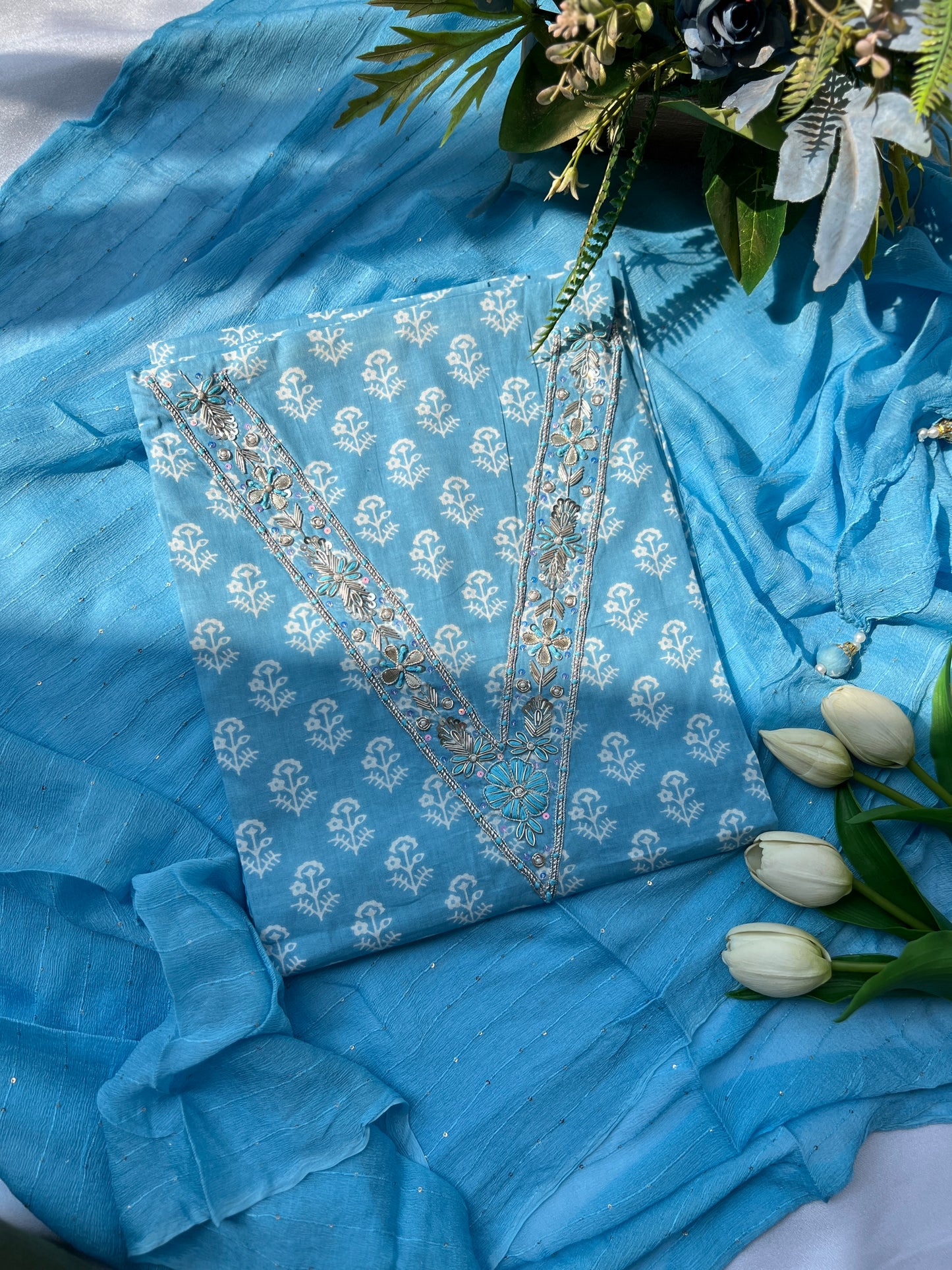 Sky Blue Cotton Suit with Delicate Hand Embroidery & Tassel Dupatta