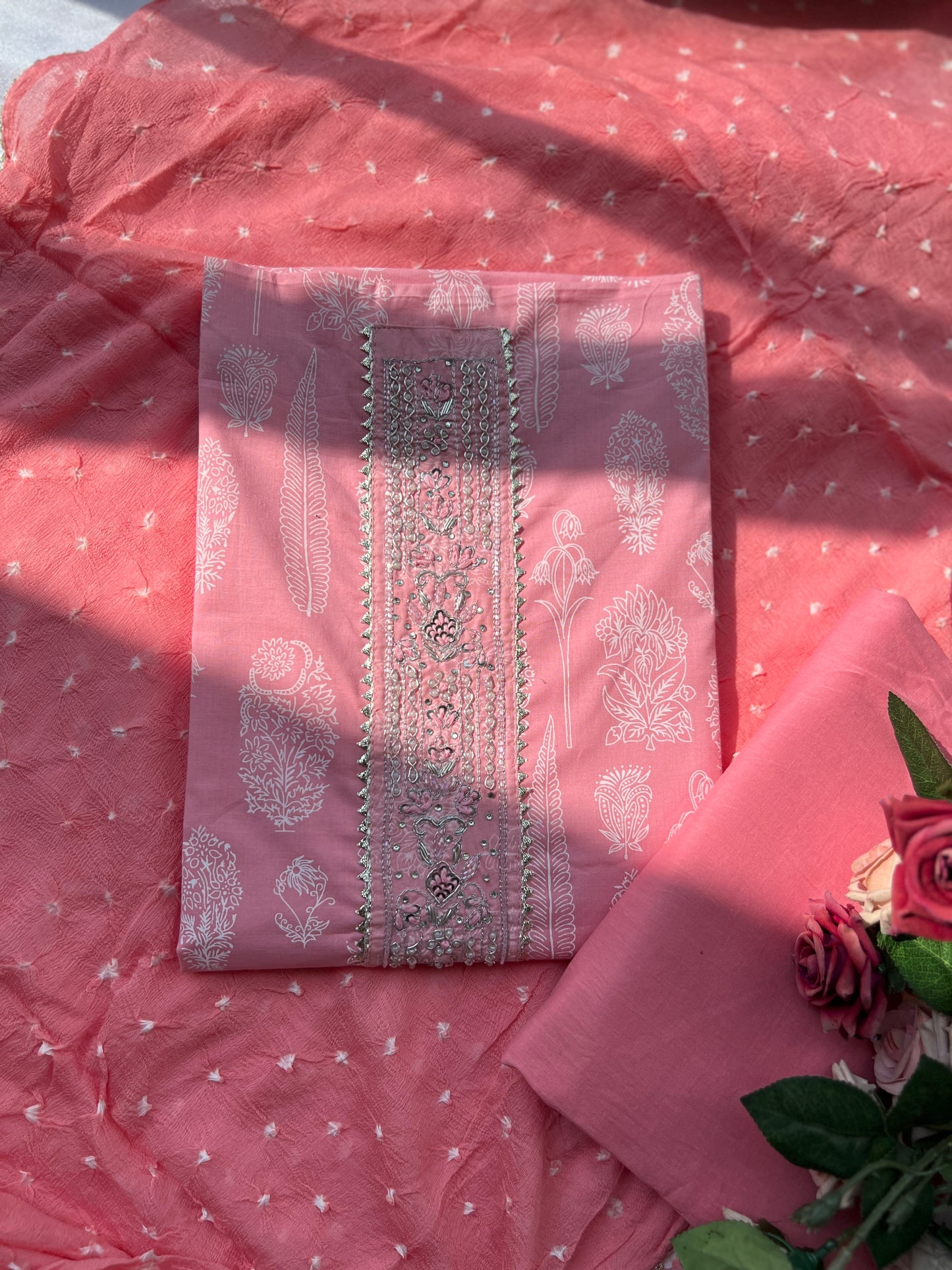 Soft Blush Pink Cotton Suit with Elegant Handwork