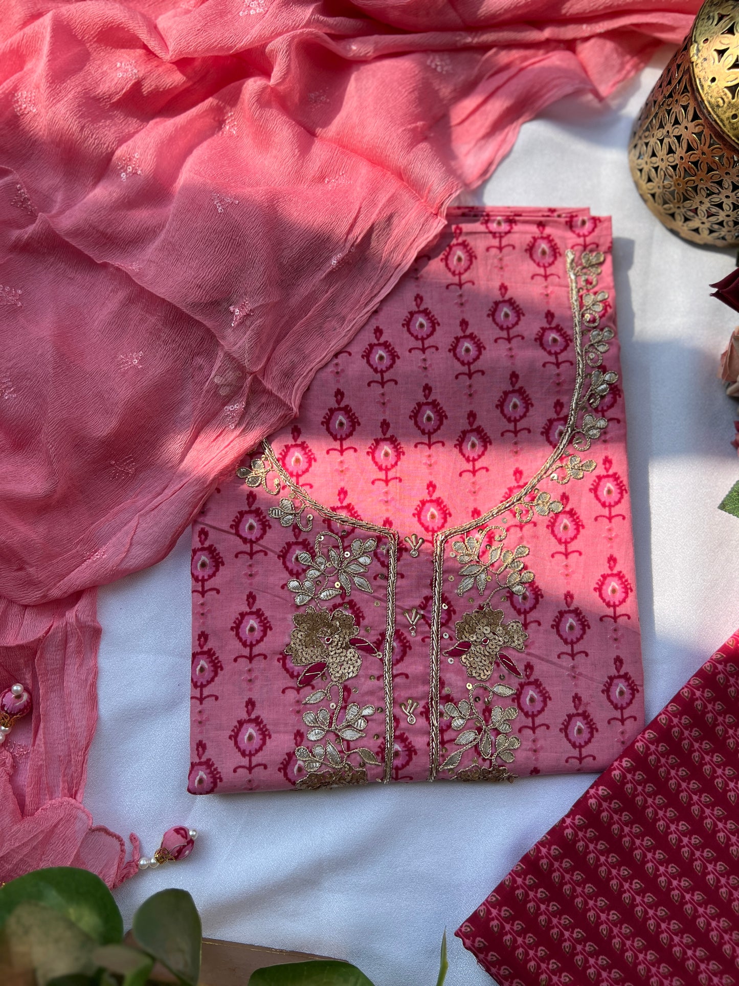 Elegant Rose Pink Cotton Suit Set With Hand Embroidery