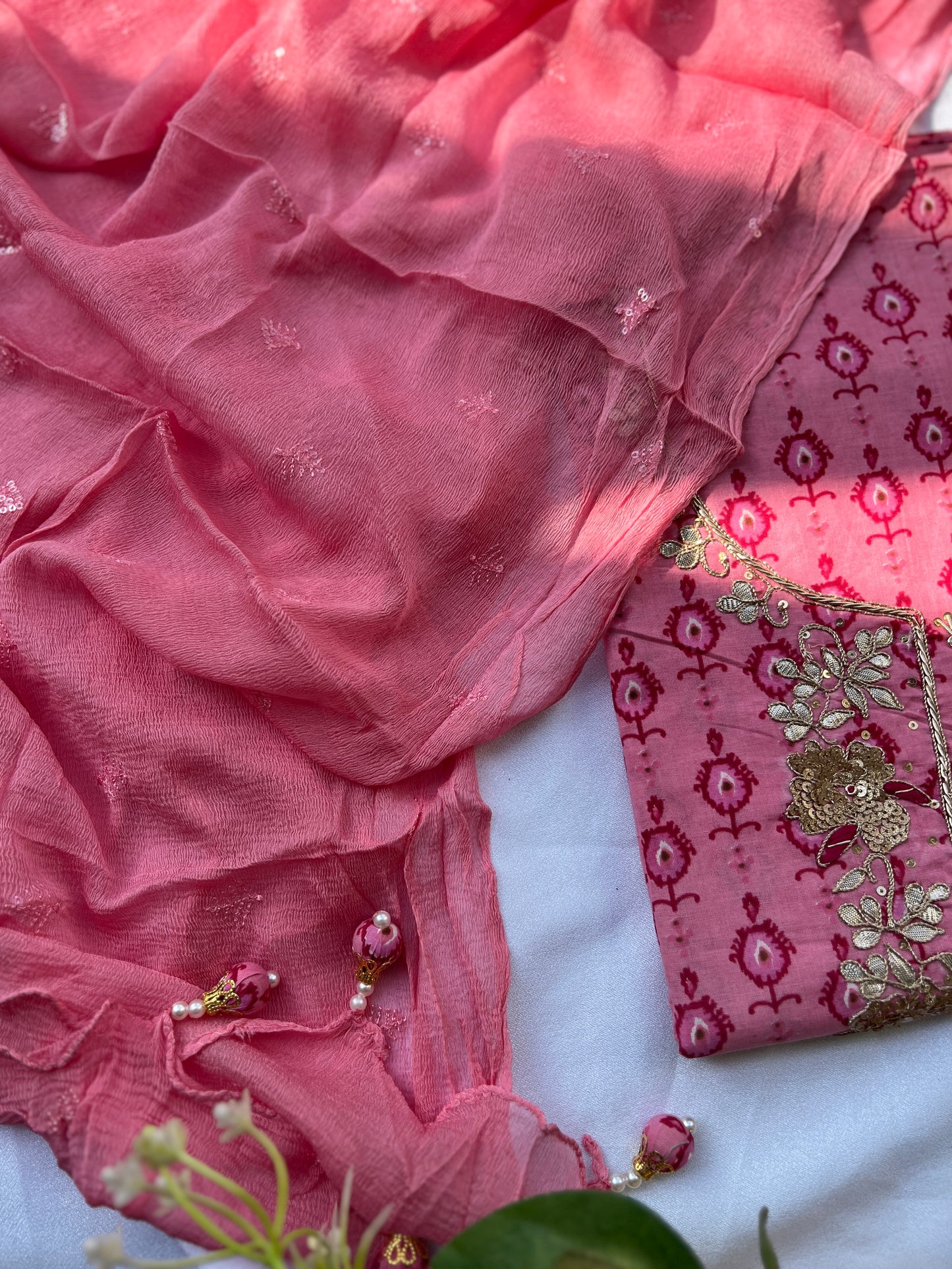 Elegant Rose Pink Cotton Suit Set With Hand Embroidery