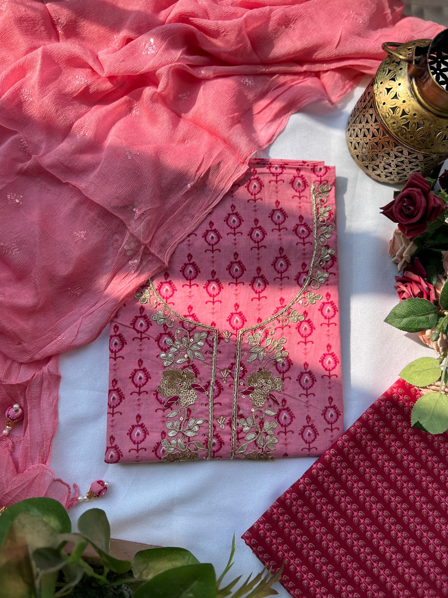 Elegant Rose Pink Cotton Suit Set With Hand Embroidery