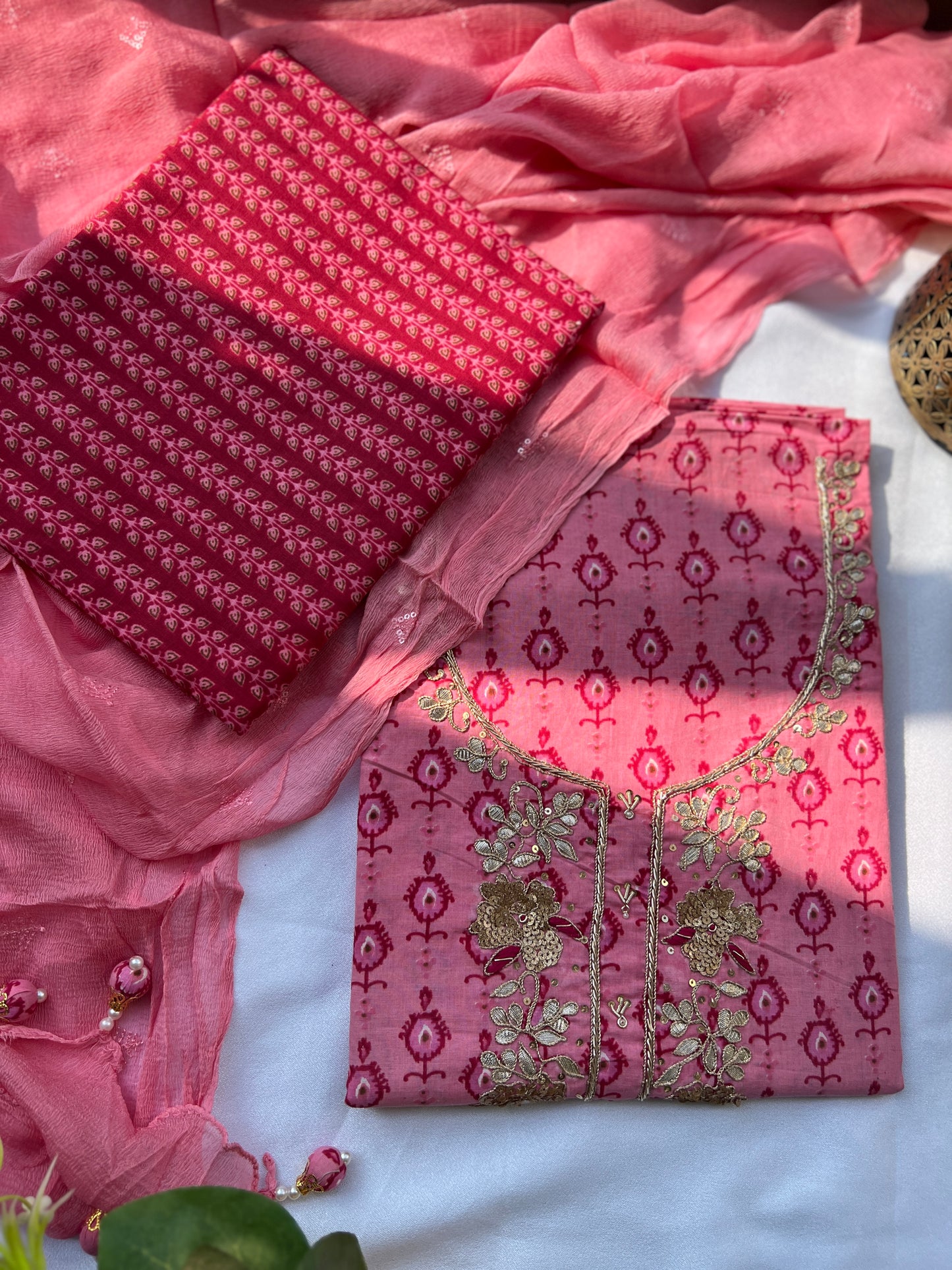 Elegant Rose Pink Cotton Suit Set With Hand Embroidery