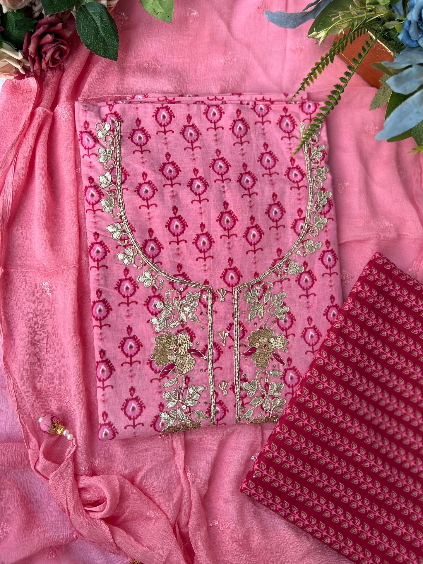 Elegant Rose Pink Cotton Suit Set With Hand Embroidery