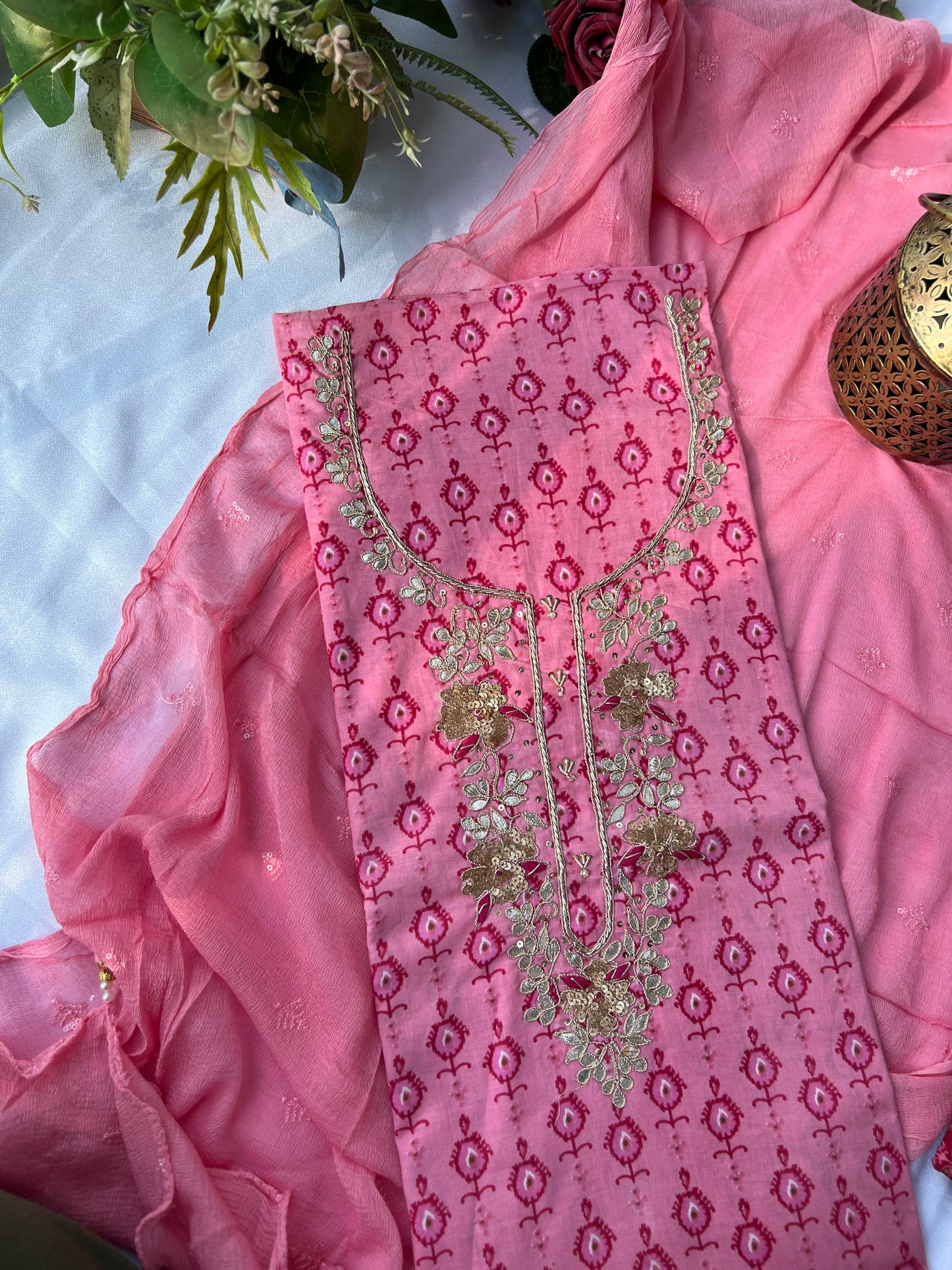 Elegant Rose Pink Cotton Suit Set With Hand Embroidery