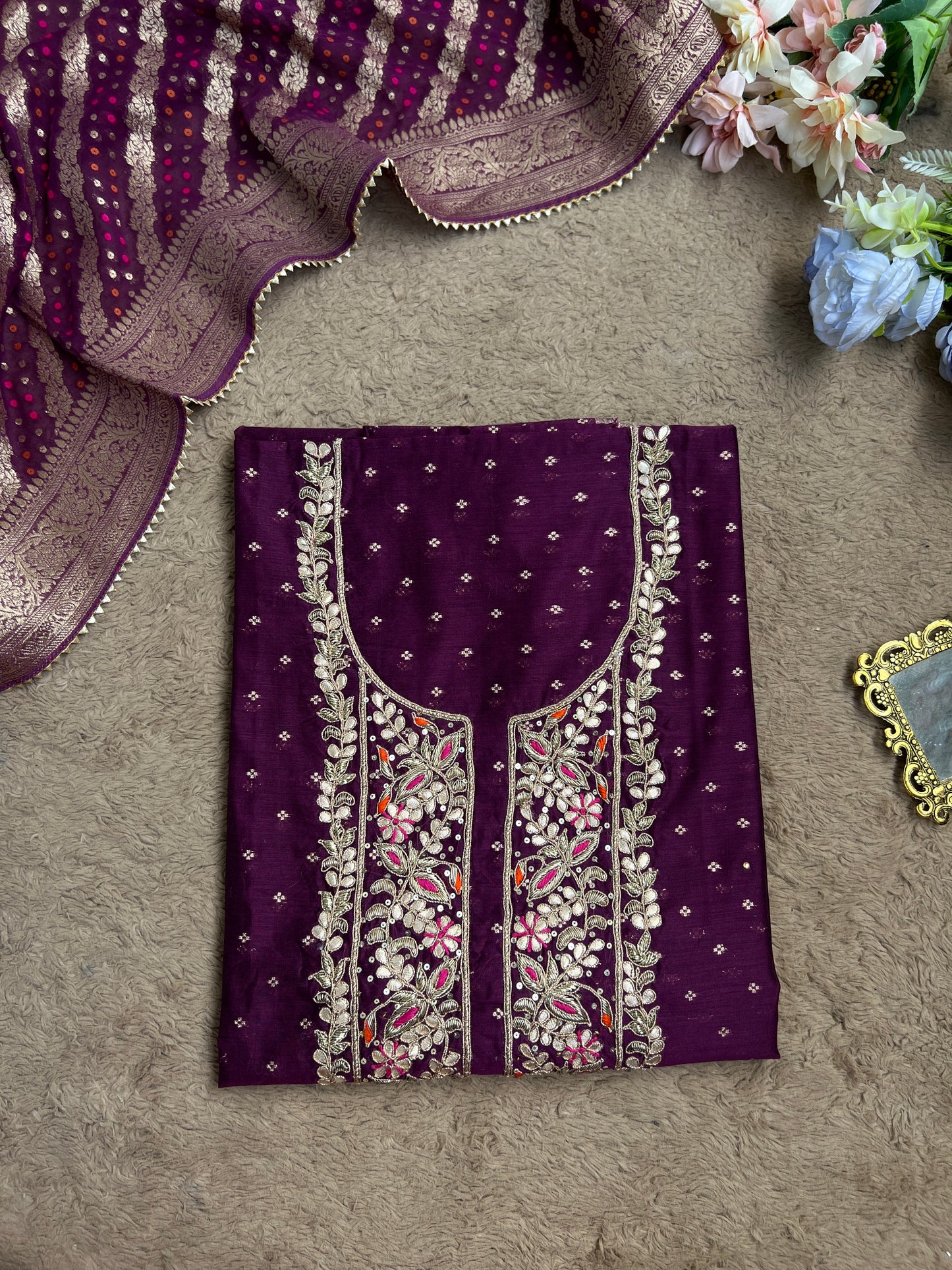 Royal Chanderi Ensemble with Handwork & Khaddi Banarasi Dupatta