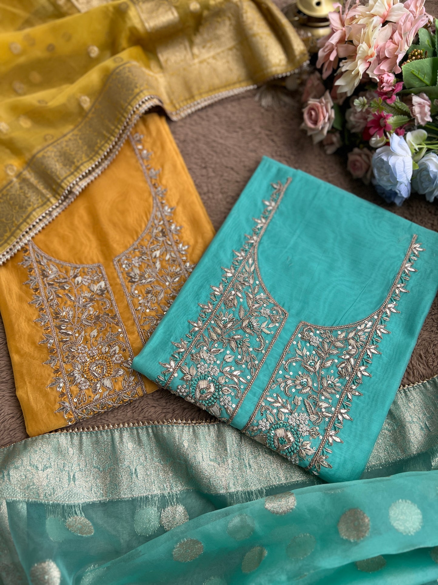 Elegance Redefined – Chanderi Silk Handwork Suit with Tissue Banarasi Dupatta