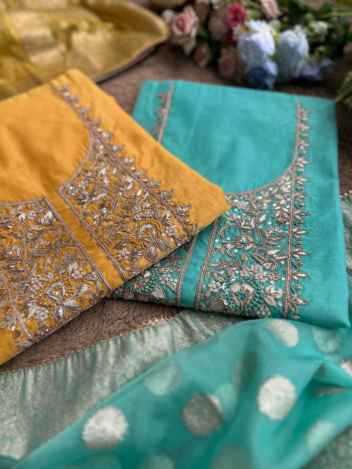 Elegance Redefined – Chanderi Silk Handwork Suit with Tissue Banarasi Dupatta