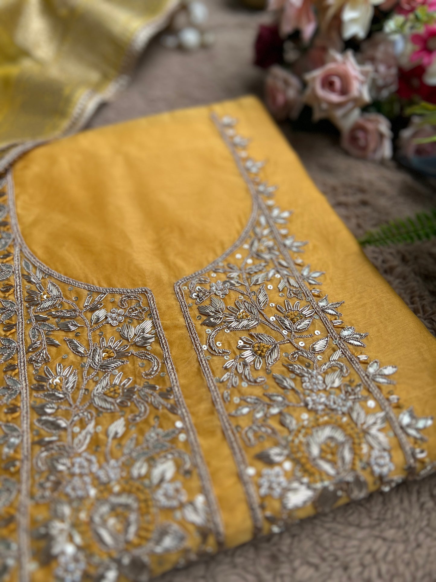 Elegance Redefined – Chanderi Silk Handwork Suit with Tissue Banarasi Dupatta