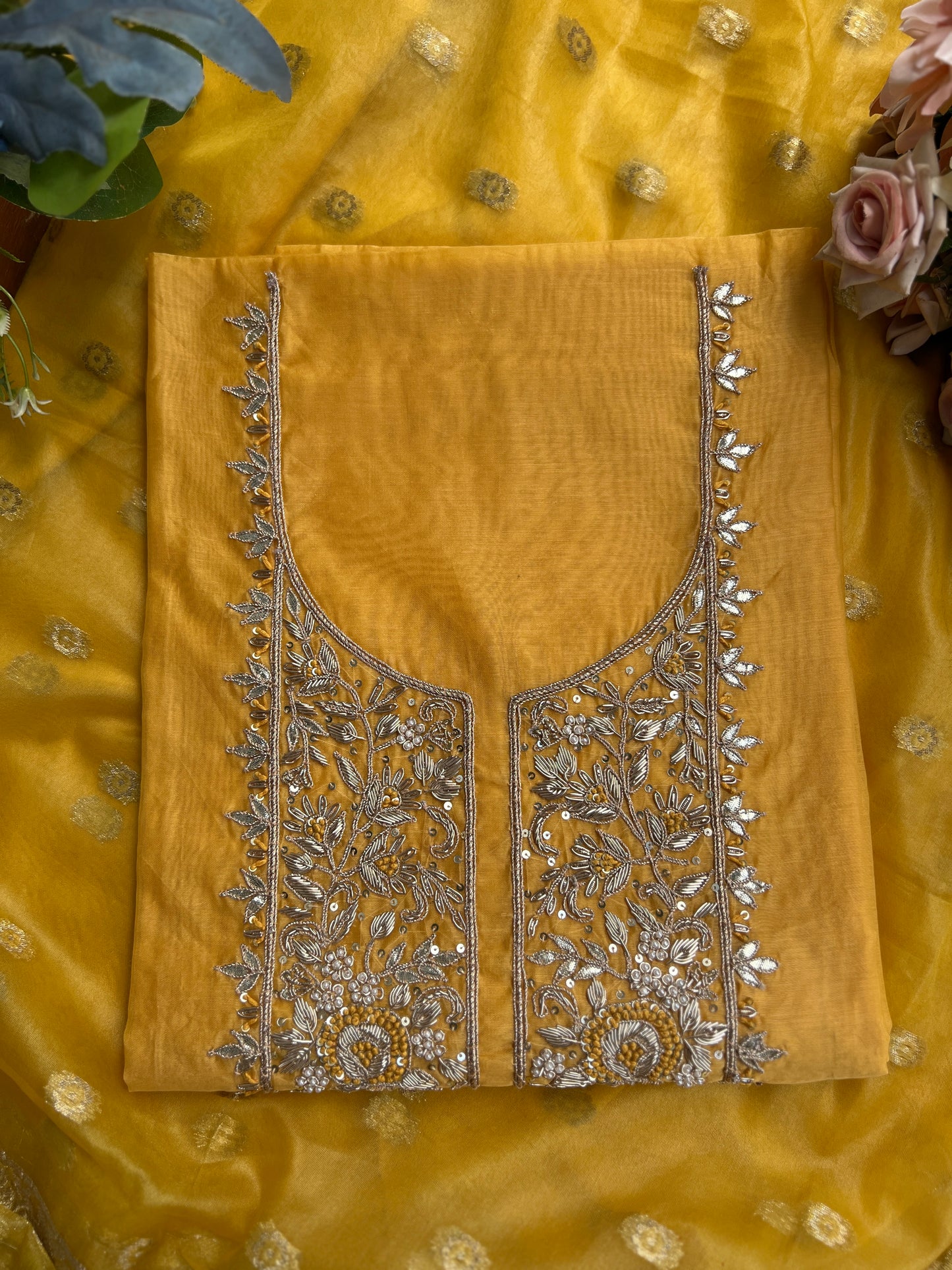 Elegance Redefined – Chanderi Silk Handwork Suit with Tissue Banarasi Dupatta