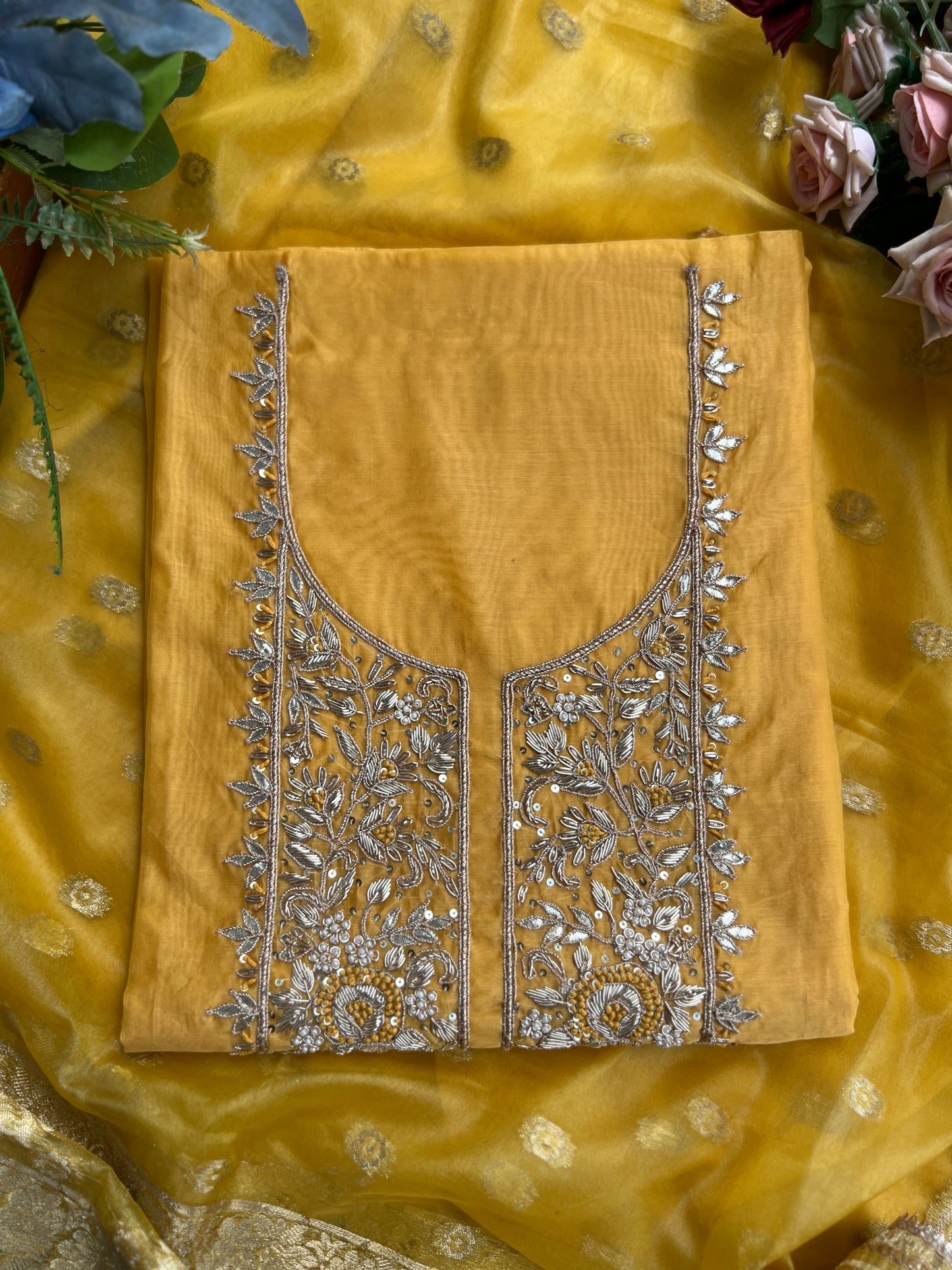 Elegance Redefined – Chanderi Silk Handwork Suit with Tissue Banarasi Dupatta