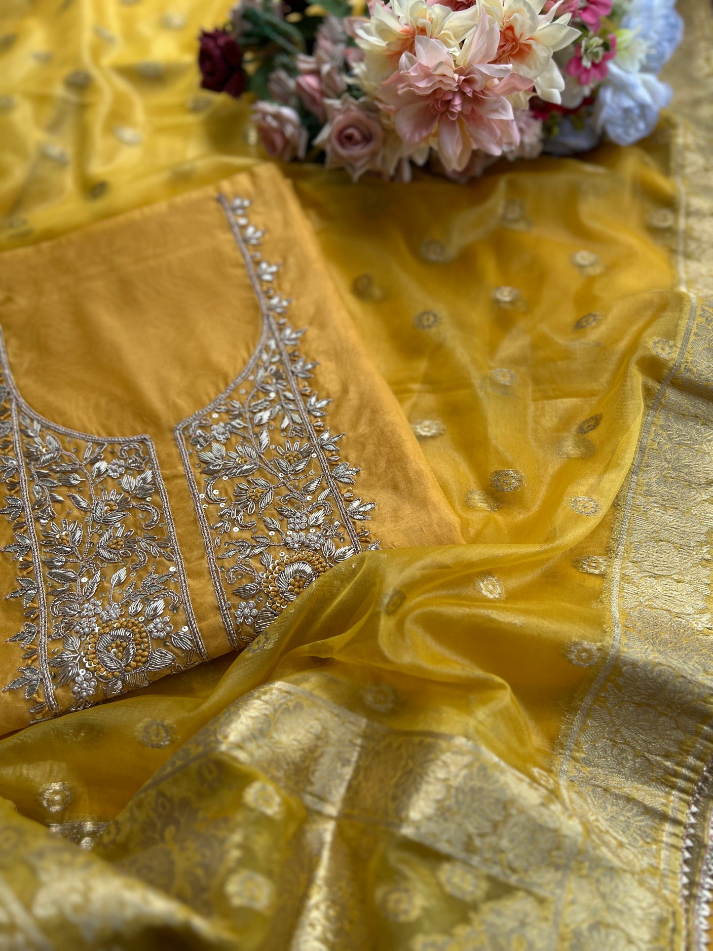 Elegance Redefined – Chanderi Silk Handwork Suit with Tissue Banarasi Dupatta
