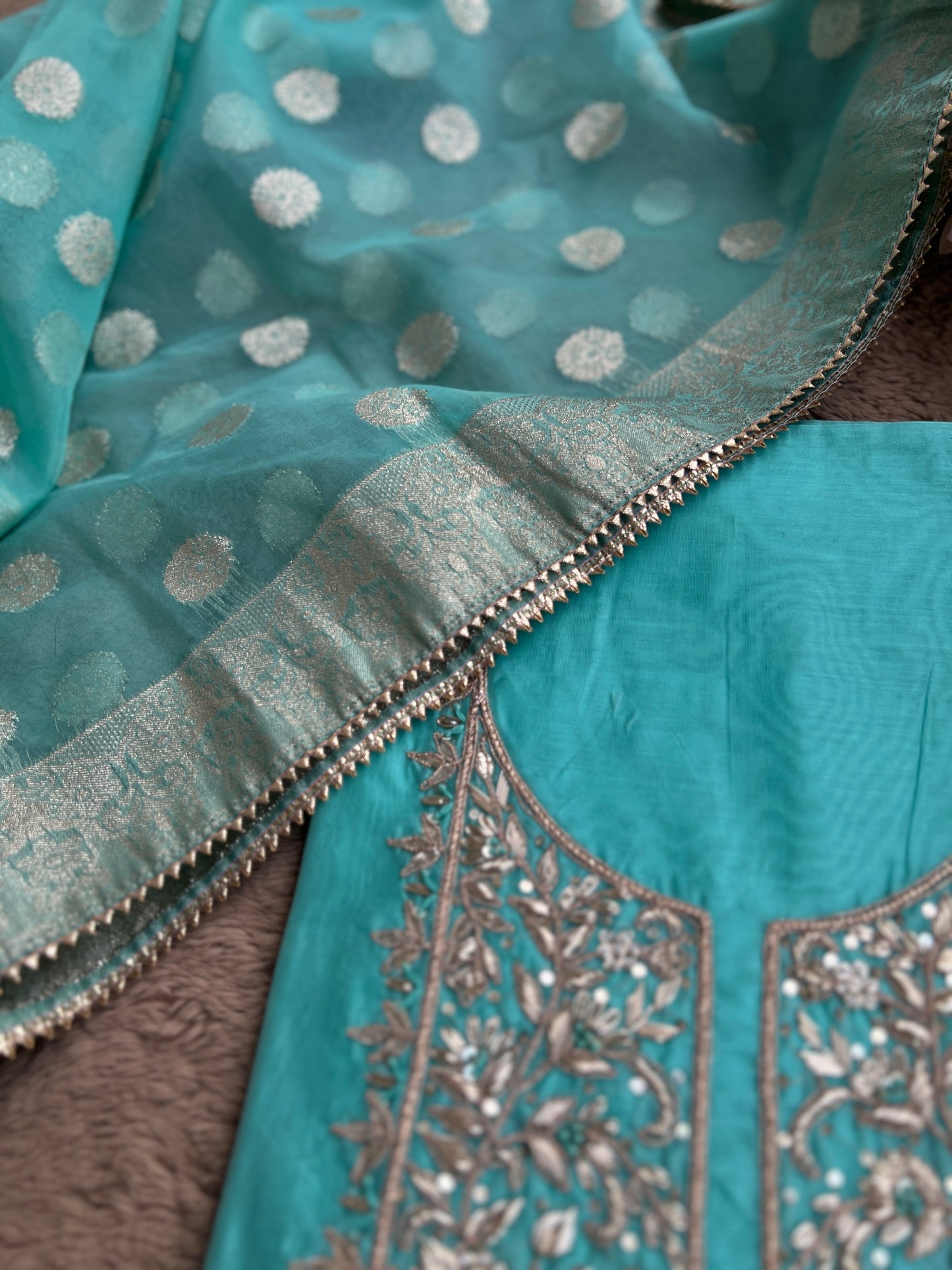 Elegance Redefined – Chanderi Silk Handwork Suit with Tissue Banarasi Dupatta