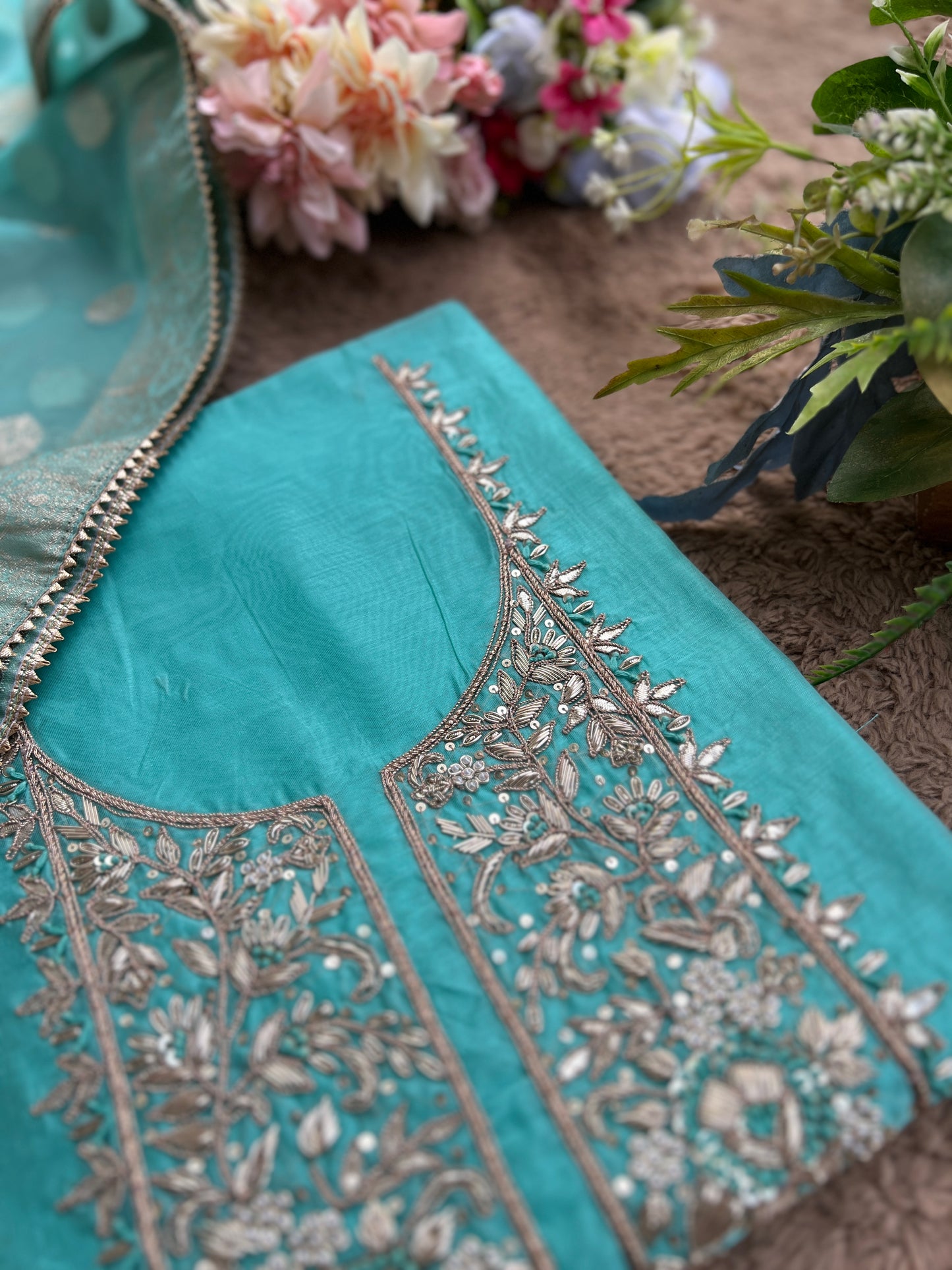 Elegance Redefined – Chanderi Silk Handwork Suit with Tissue Banarasi Dupatta