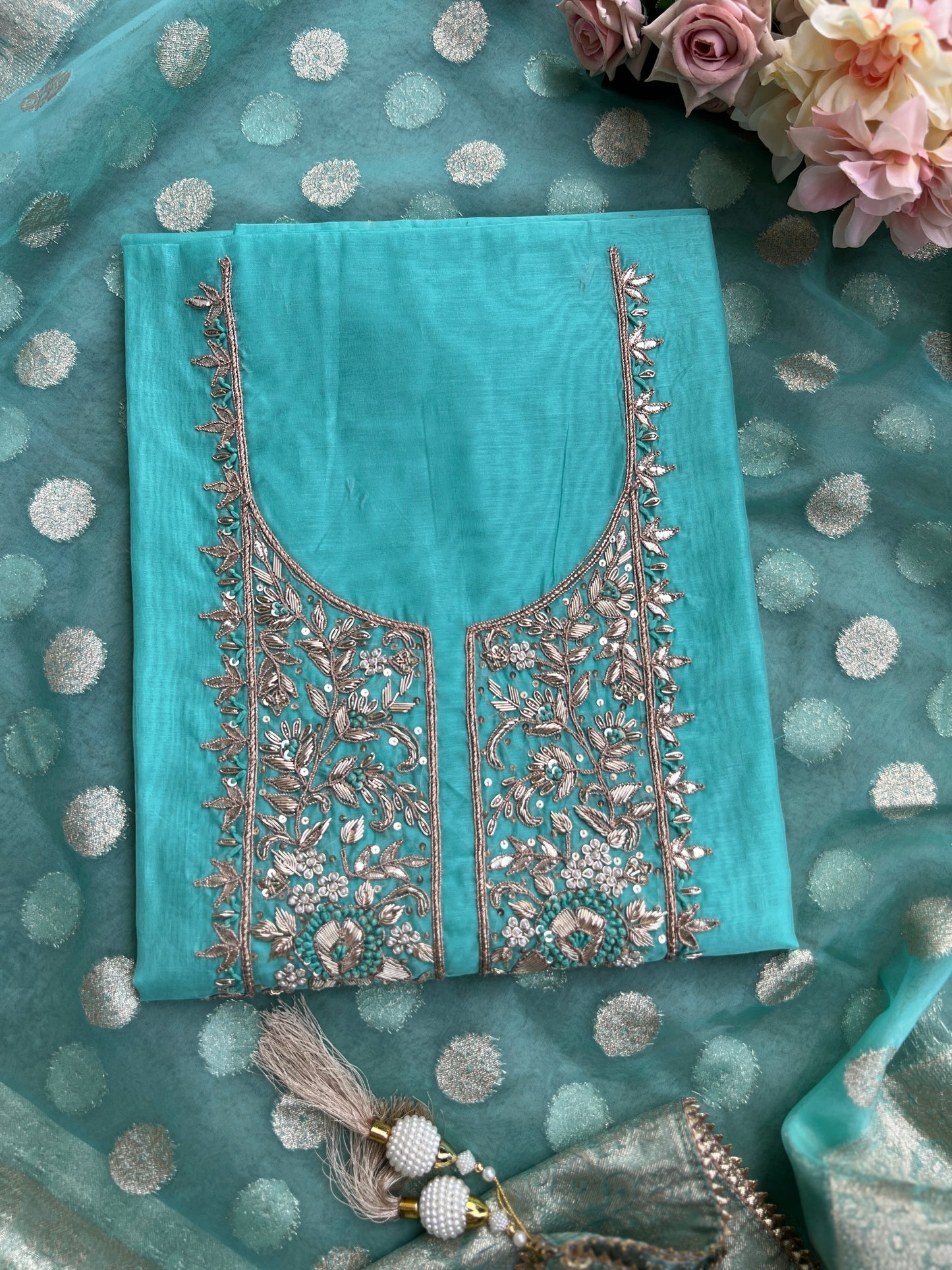 Elegance Redefined – Chanderi Silk Handwork Suit with Tissue Banarasi Dupatta