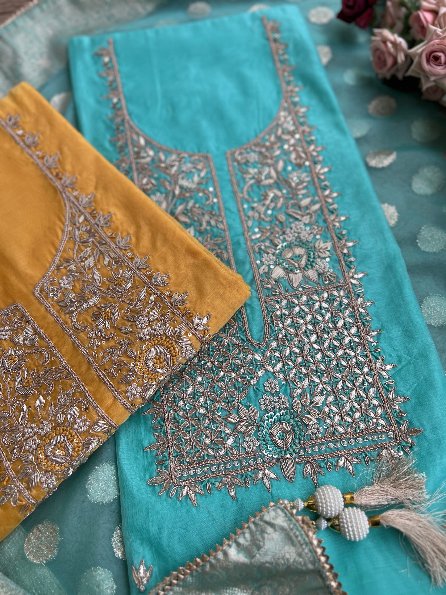 Elegance Redefined – Chanderi Silk Handwork Suit with Tissue Banarasi Dupatta