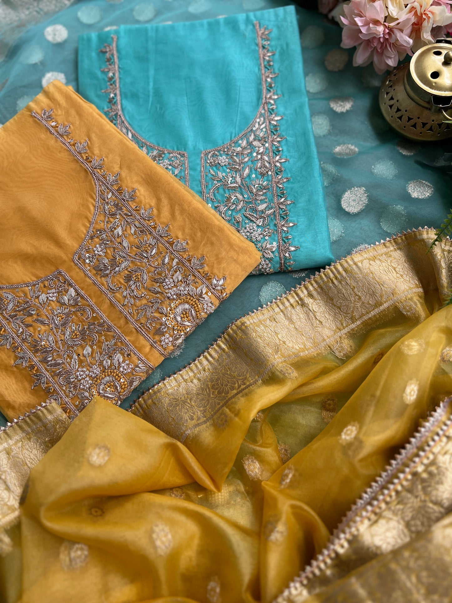 Elegance Redefined – Chanderi Silk Handwork Suit with Tissue Banarasi Dupatta