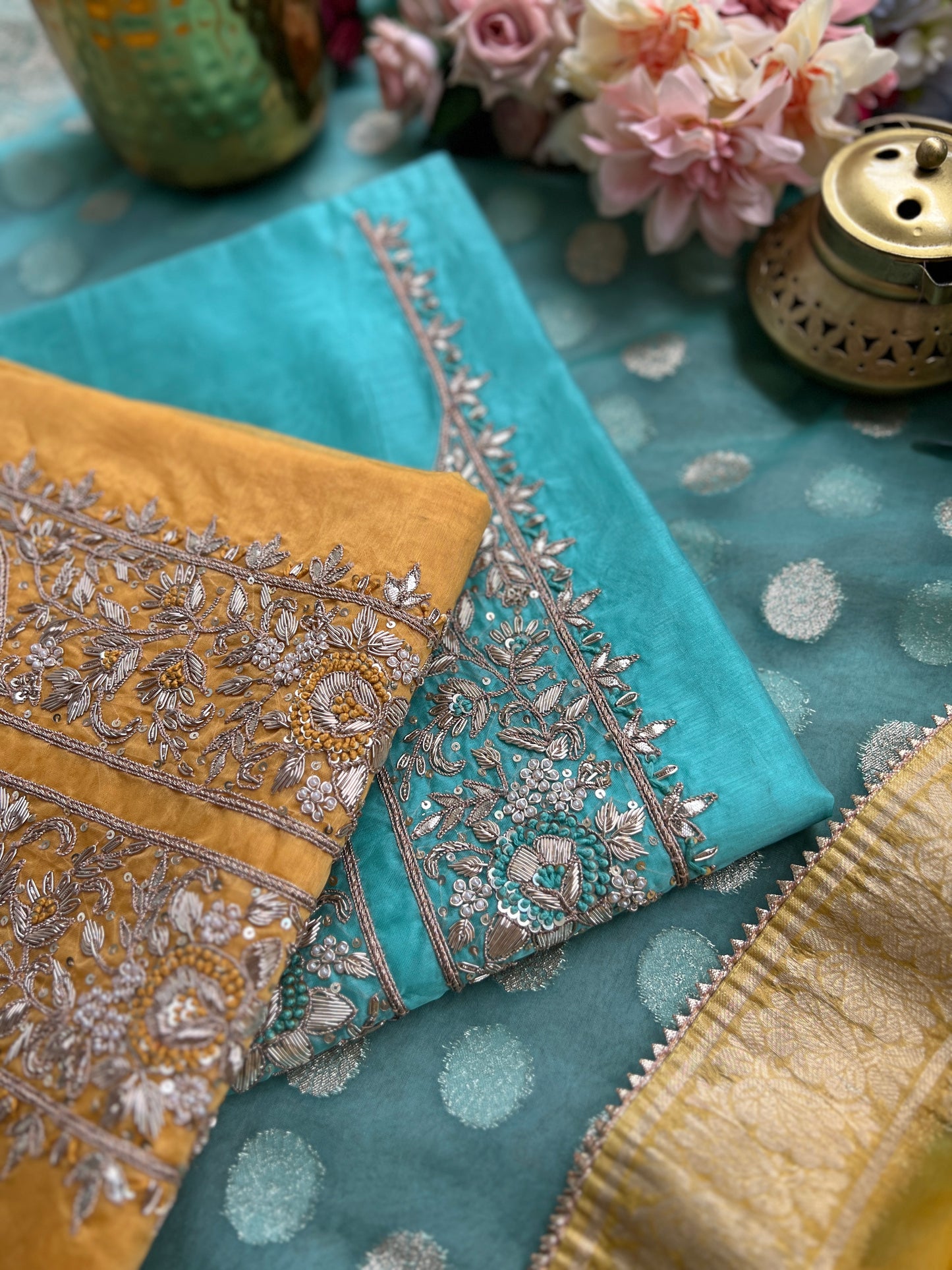 Elegance Redefined – Chanderi Silk Handwork Suit with Tissue Banarasi Dupatta