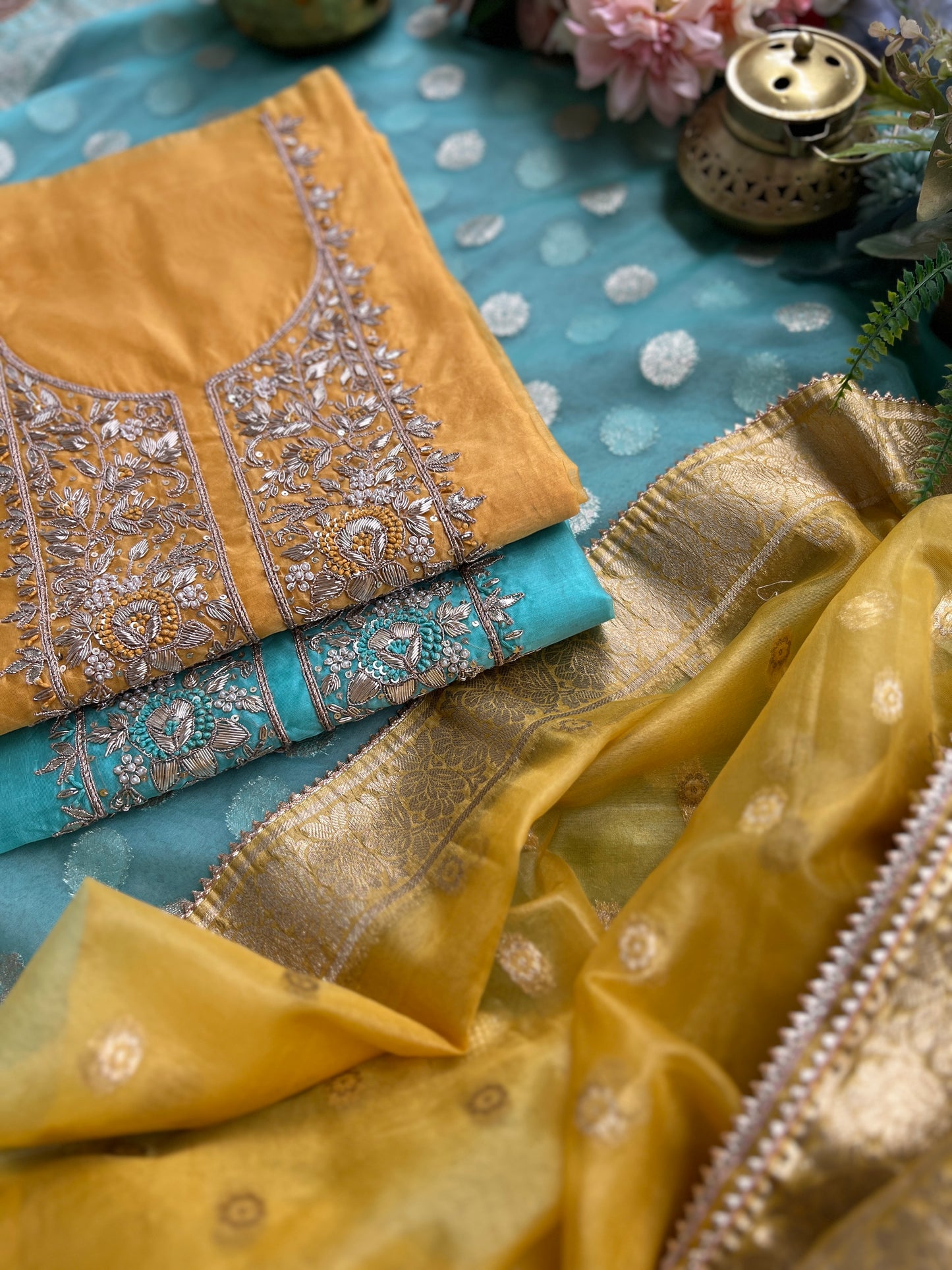 Elegance Redefined – Chanderi Silk Handwork Suit with Tissue Banarasi Dupatta