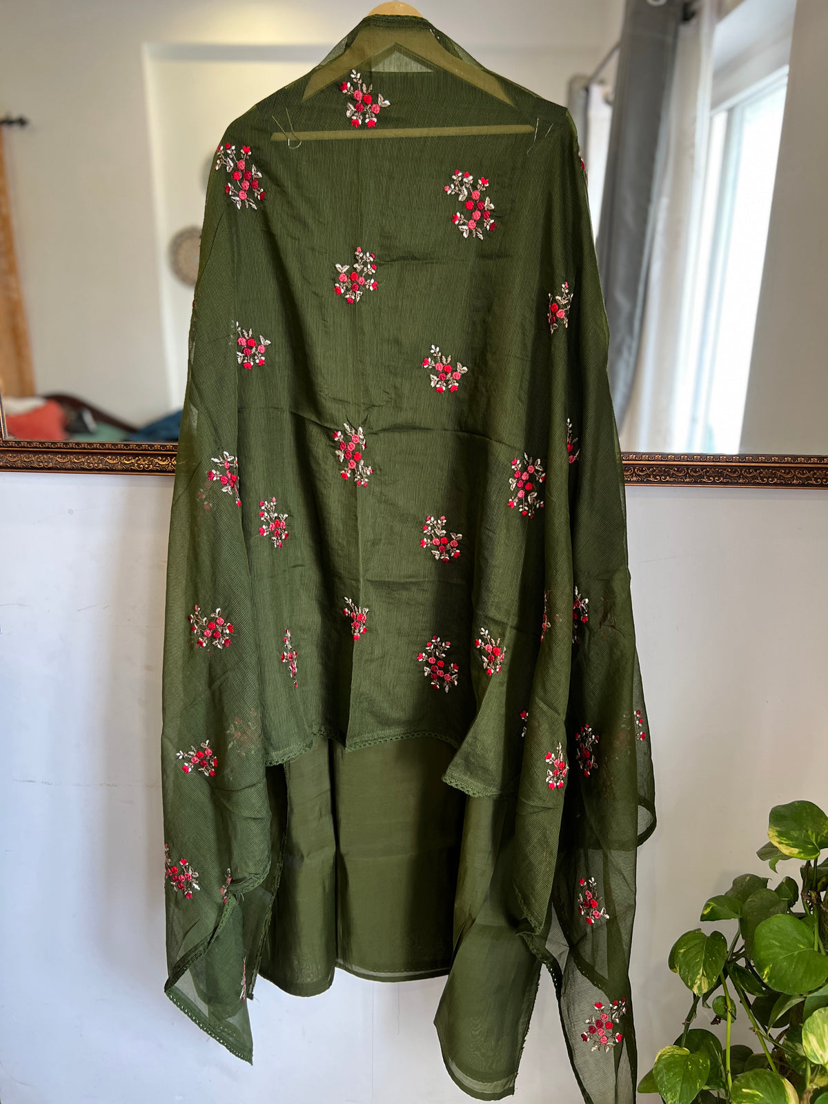 Mehendi Green Hand-Embroidered Pure Mal Mulmul Suit Set