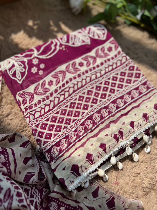 Magenta Muse: Pakistani Semi-Stitched Suit with Seashell Detailing