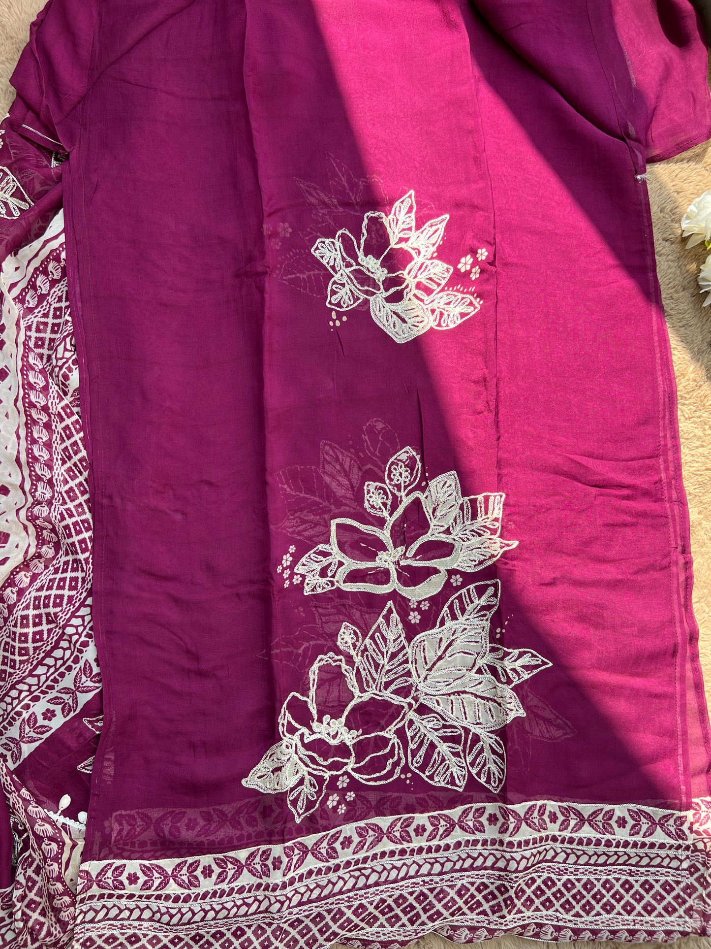 Magenta Muse: Pakistani Semi-Stitched Suit with Seashell Detailing