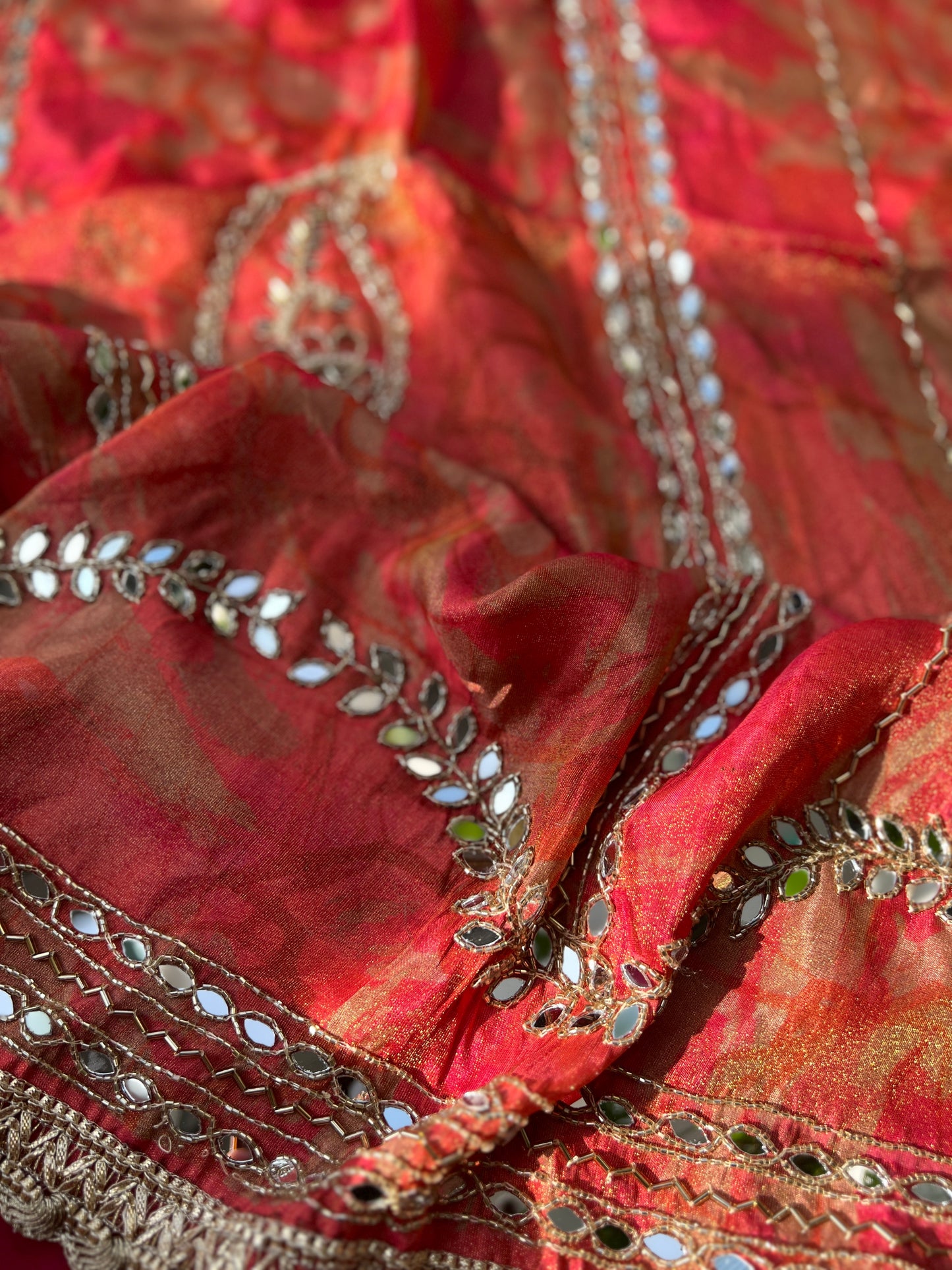 Crimson Gold Shimmer silk suit set