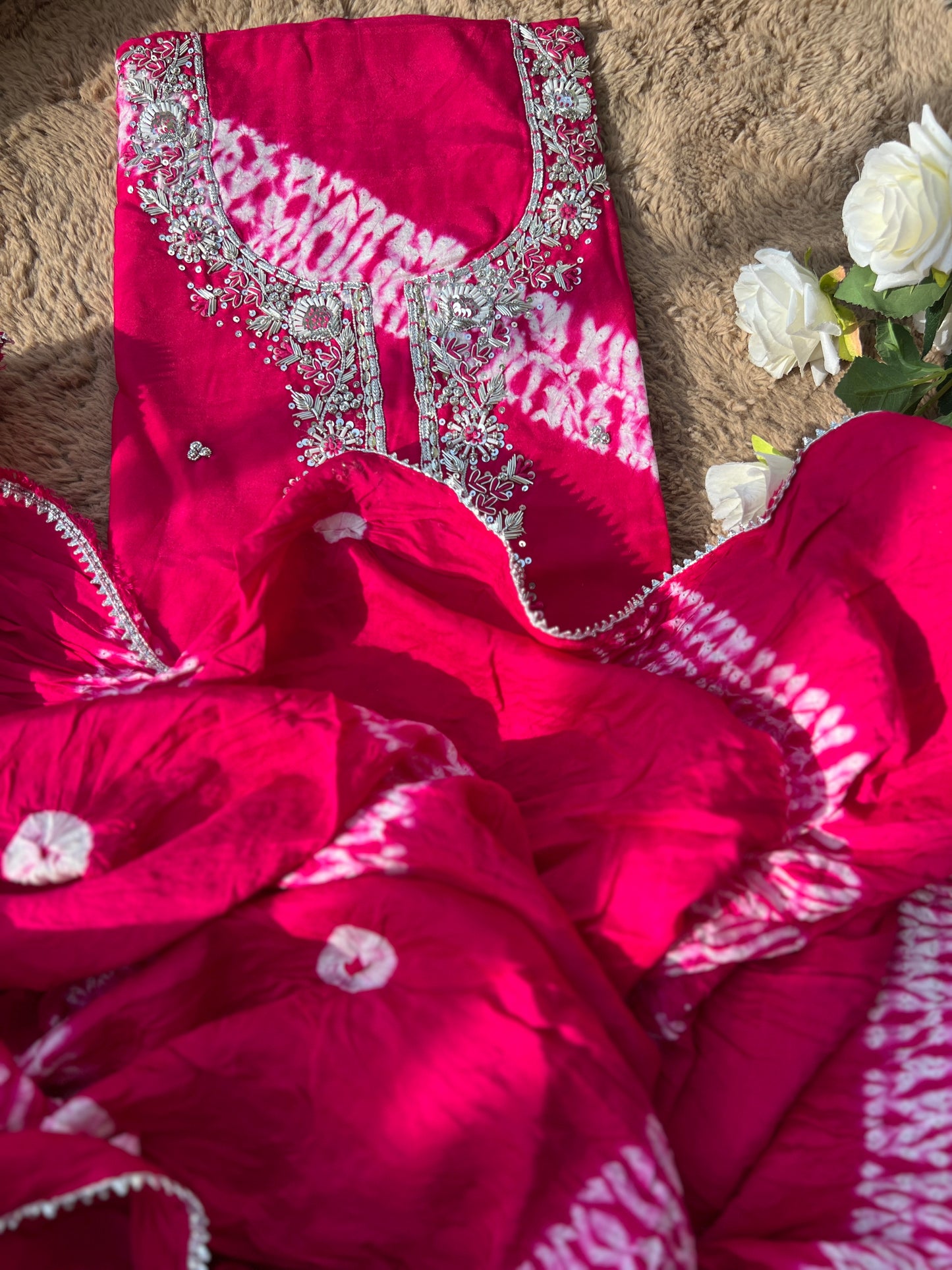 Handwork Maslin Laheriya Suit set