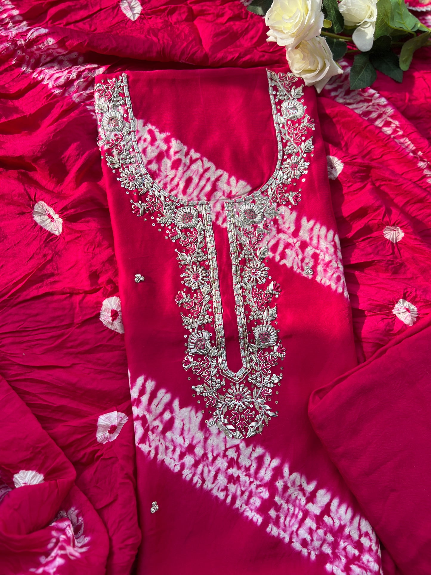 Handwork Maslin Laheriya Suit set