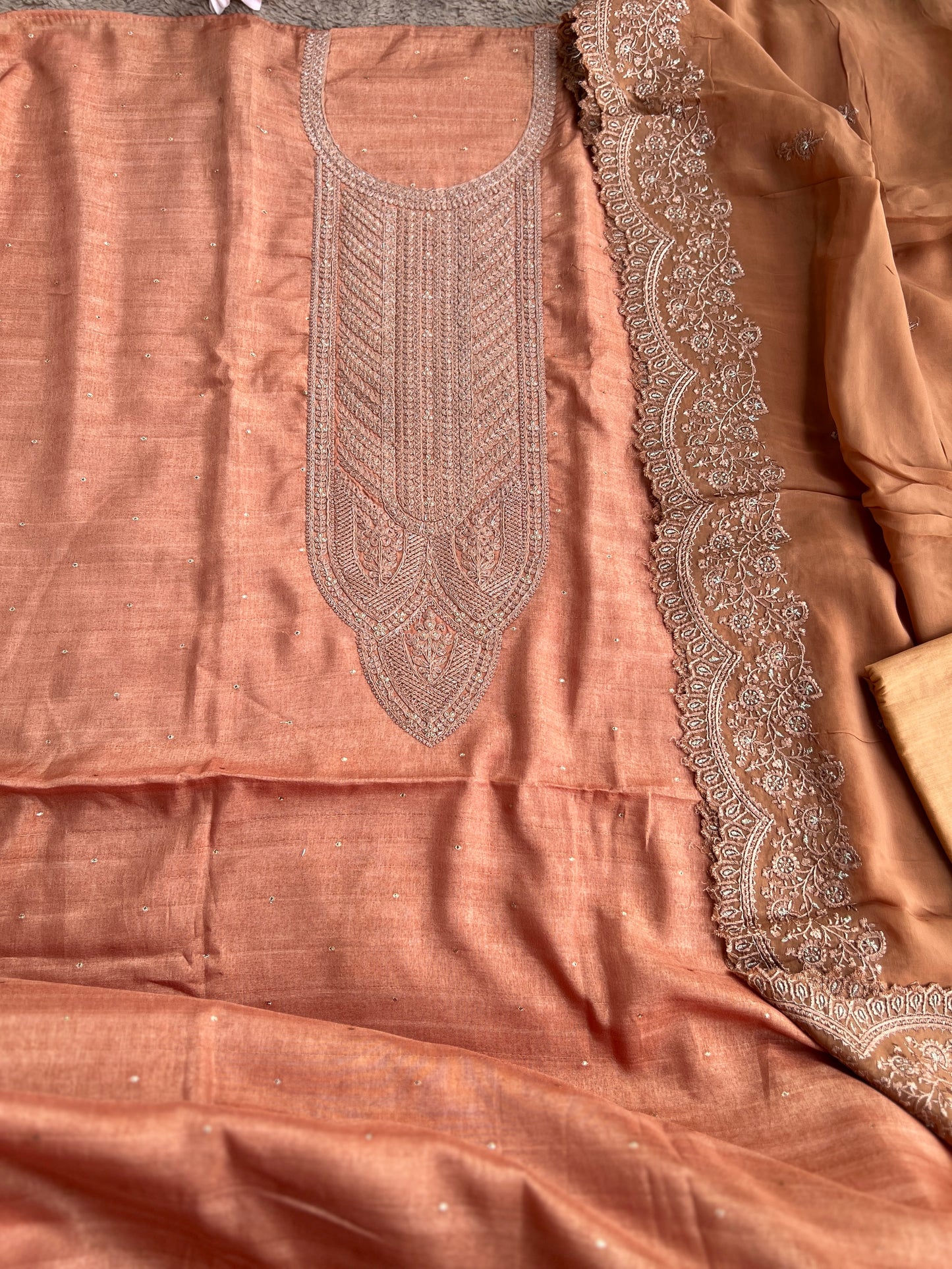 Regal Copper Elegance – Shimmer Silk Suit with Embroidered Grace