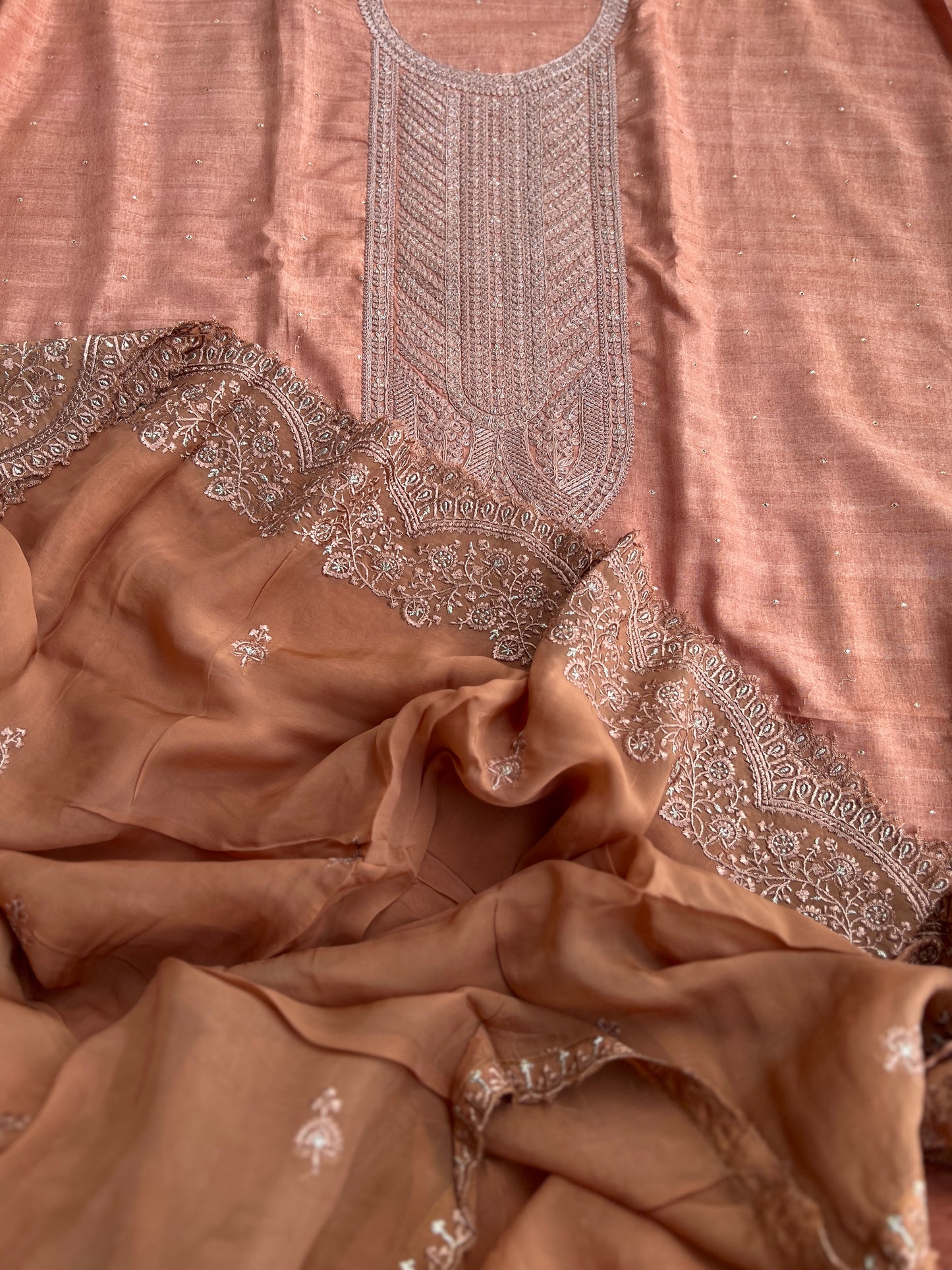 Regal Copper Elegance – Shimmer Silk Suit with Embroidered Grace