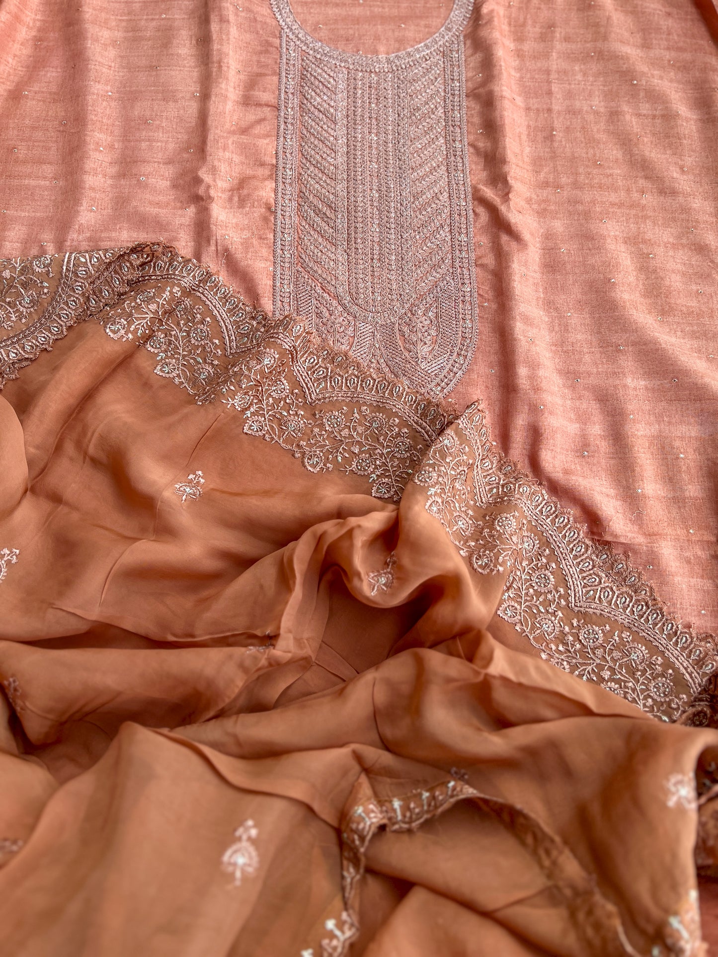 Regal Copper Elegance – Shimmer Silk Suit with Embroidered Grace